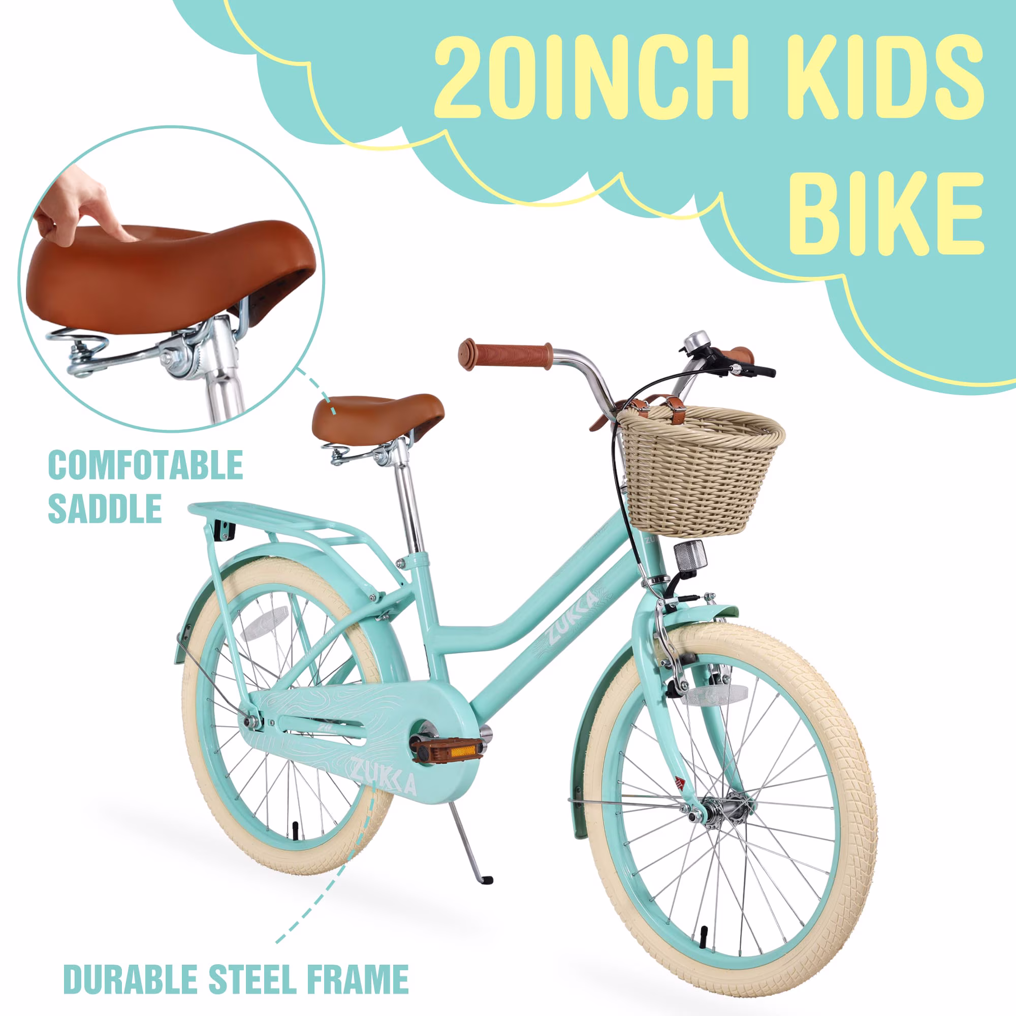20/24 Inch Girls Bike for 7-10 Years Old Kids, CPC Certified Kids Cruiser Bicycle with Wicker Basket, Dual Brakes, Adjustable Seat, 85% Pre-Assembled - Image 3