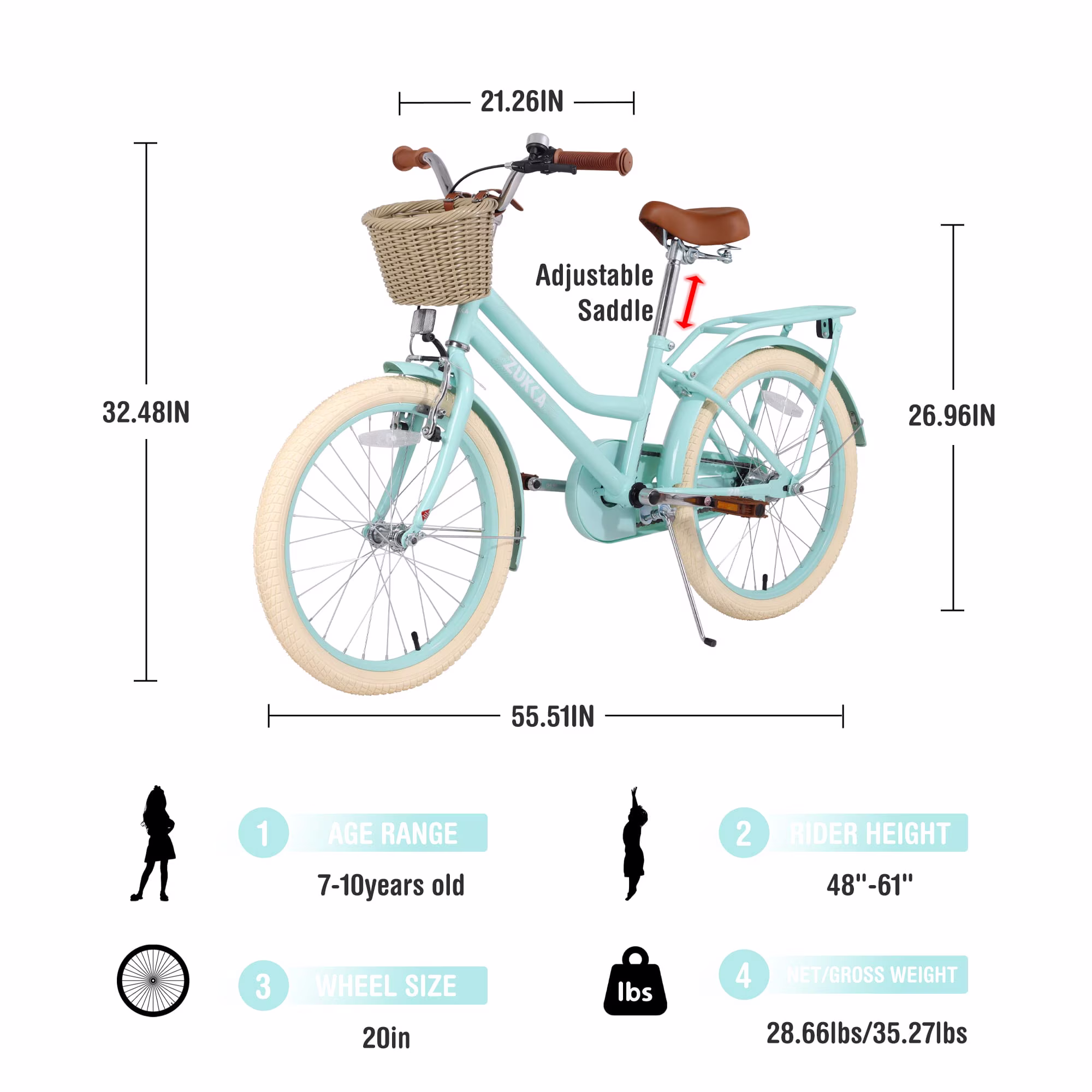 20/24 Inch Girls Bike for 7-10 Years Old Kids, CPC Certified Kids Cruiser Bicycle with Wicker Basket, Dual Brakes, Adjustable Seat, 85% Pre-Assembled - Image 4