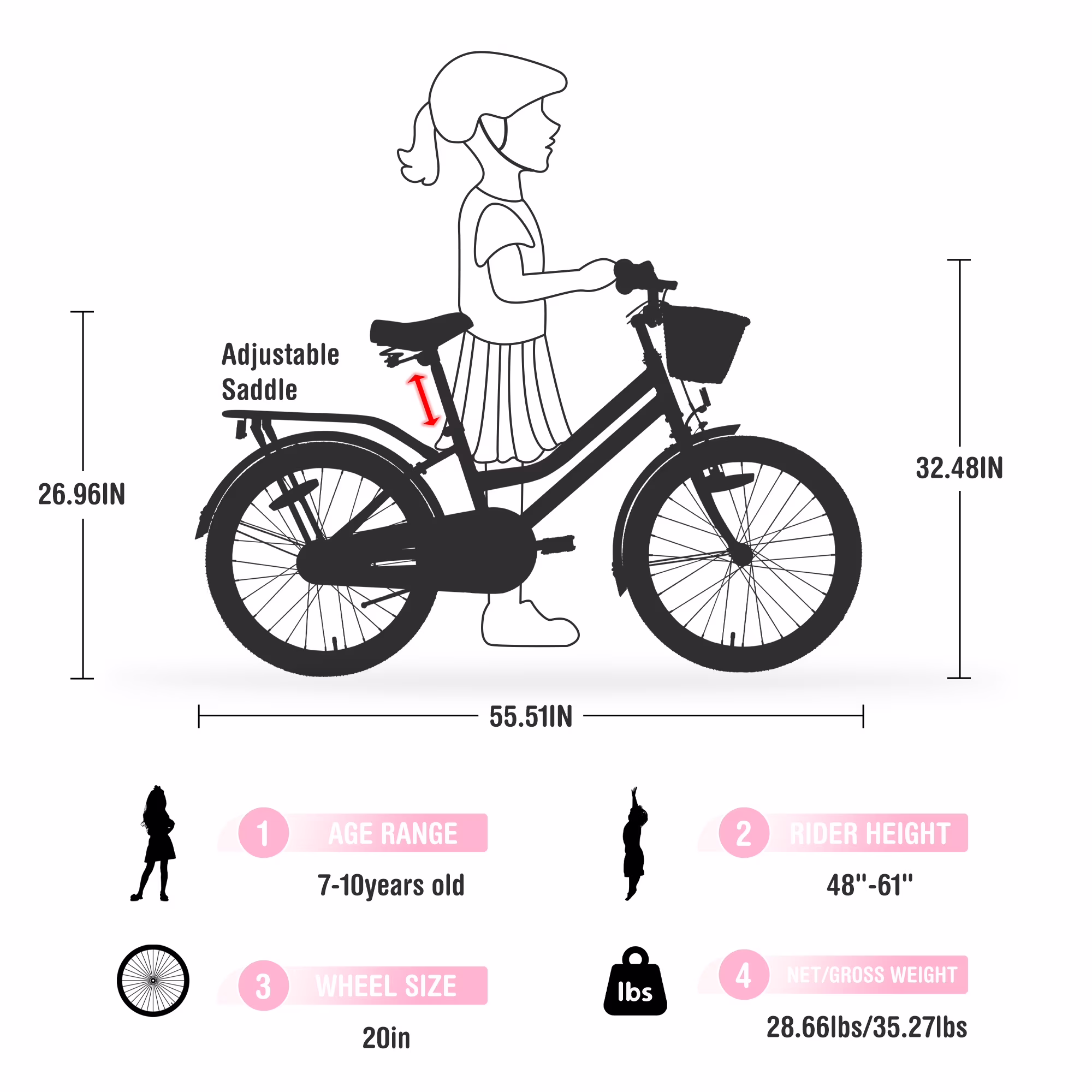 20 inch Girls Bike for 7-10 Years Old Kids, SHINPT Kids Bicycle with Basket & Lightweight, Comfortable City Bikes with Rear Rack and Basket, Pink - Image 3