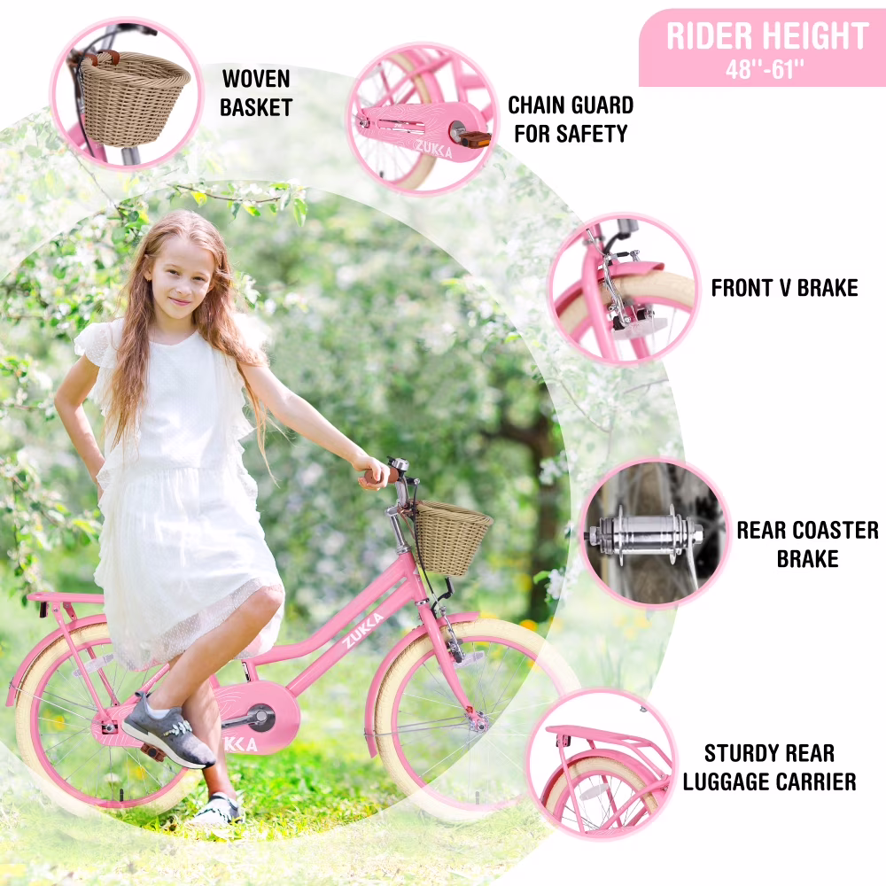 20 Inch Girls Bike for Ages 7-10, Kids Bicycle with Basket, Front V-Brake & Rear Coaster Brake, Single Speed, Light Pink - Image 2