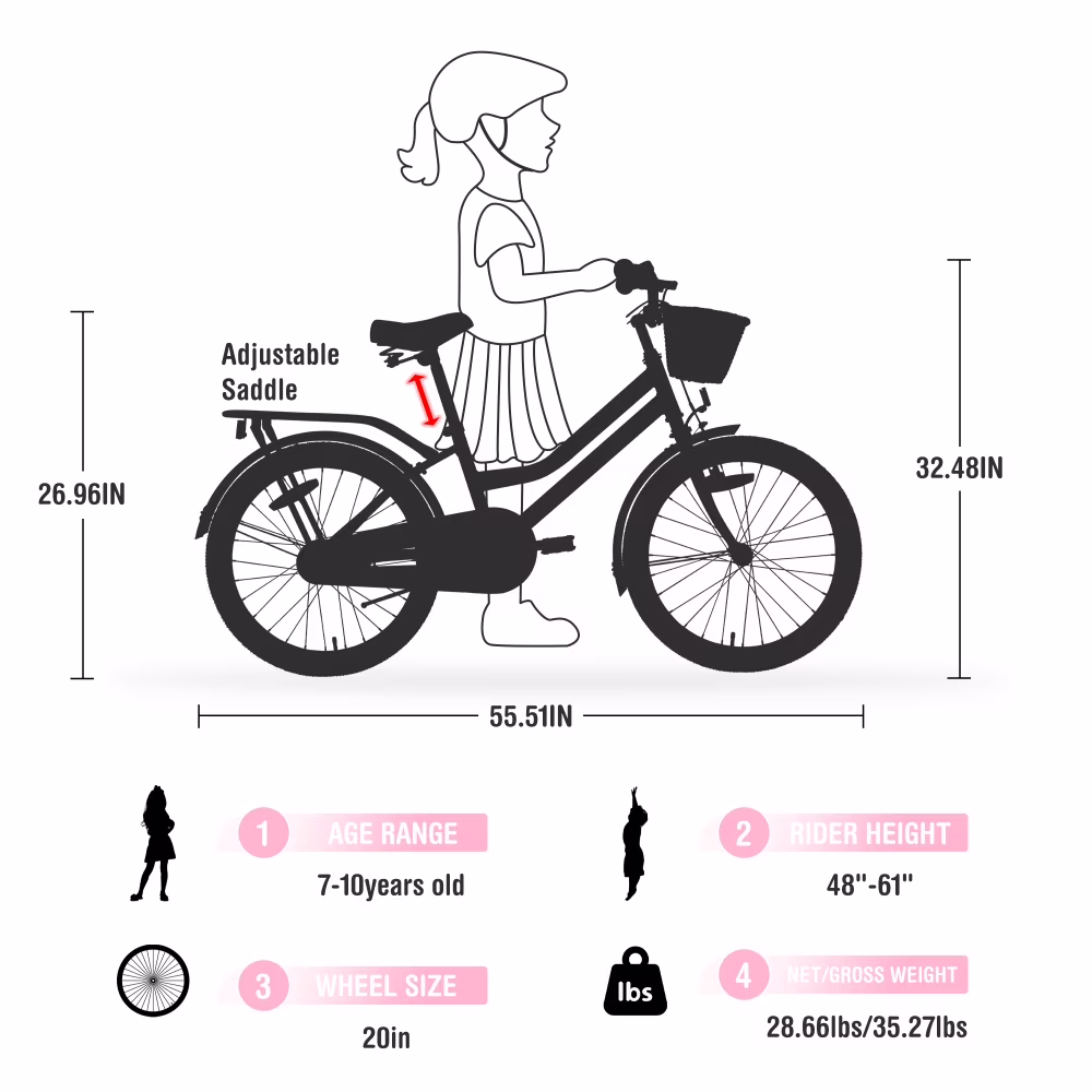 20 Inch Girls Bike for Ages 7-10, Kids Bicycle with Basket, Front V-Brake & Rear Coaster Brake, Single Speed, Light Pink - Image 3