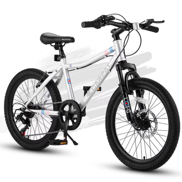 20" Kids Mountain Bike, 7-Speed Bicycle with Front Suspension & Dual Brakes, Ages 6-12,White