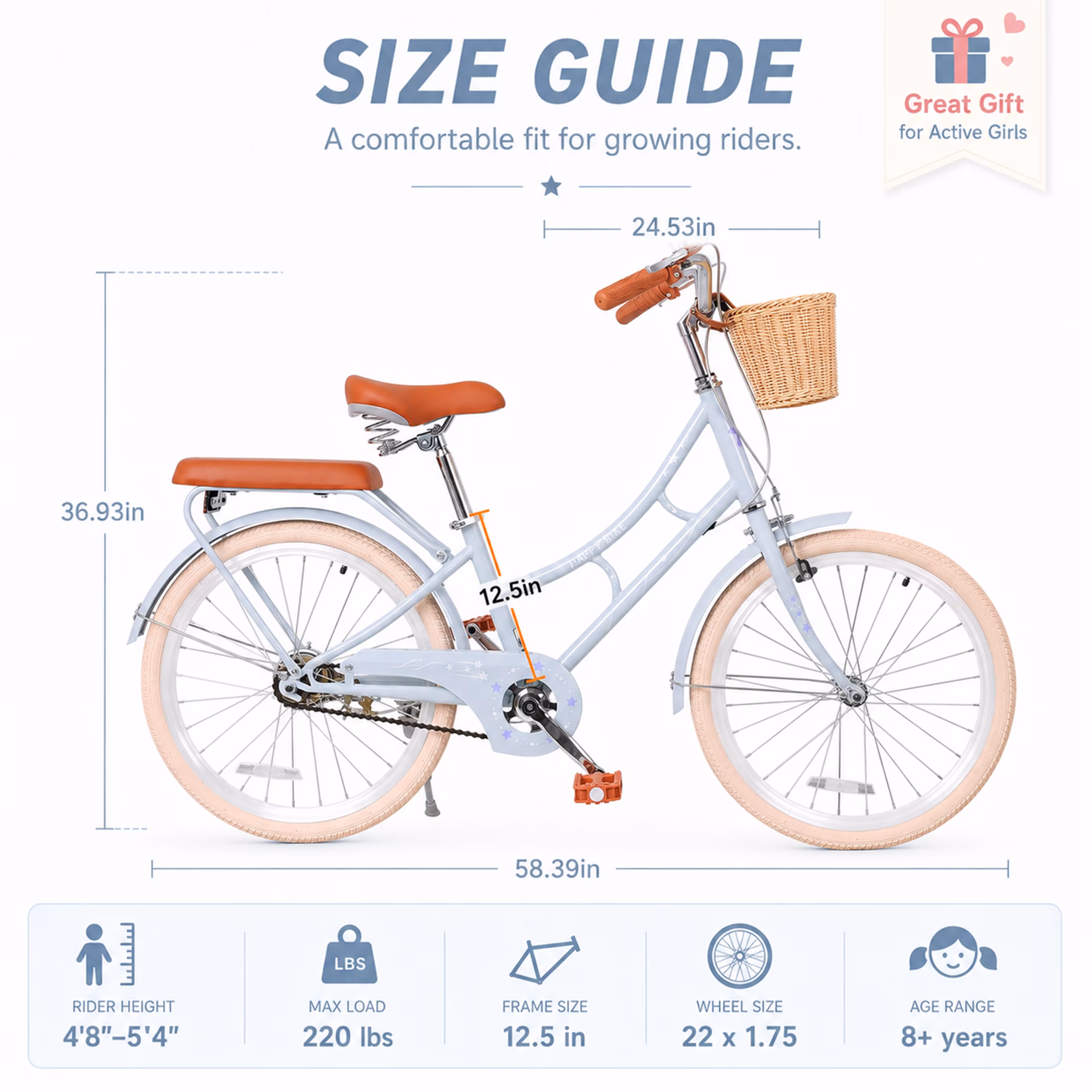 22 Inch Beach Cruiser Bike for Girls, Single Speed Commuter Bicycle with Front Basket and Rear Seat, High Carbon Steel Frame Outdoor City Bike for Kids and Teens, Blue - Image 4