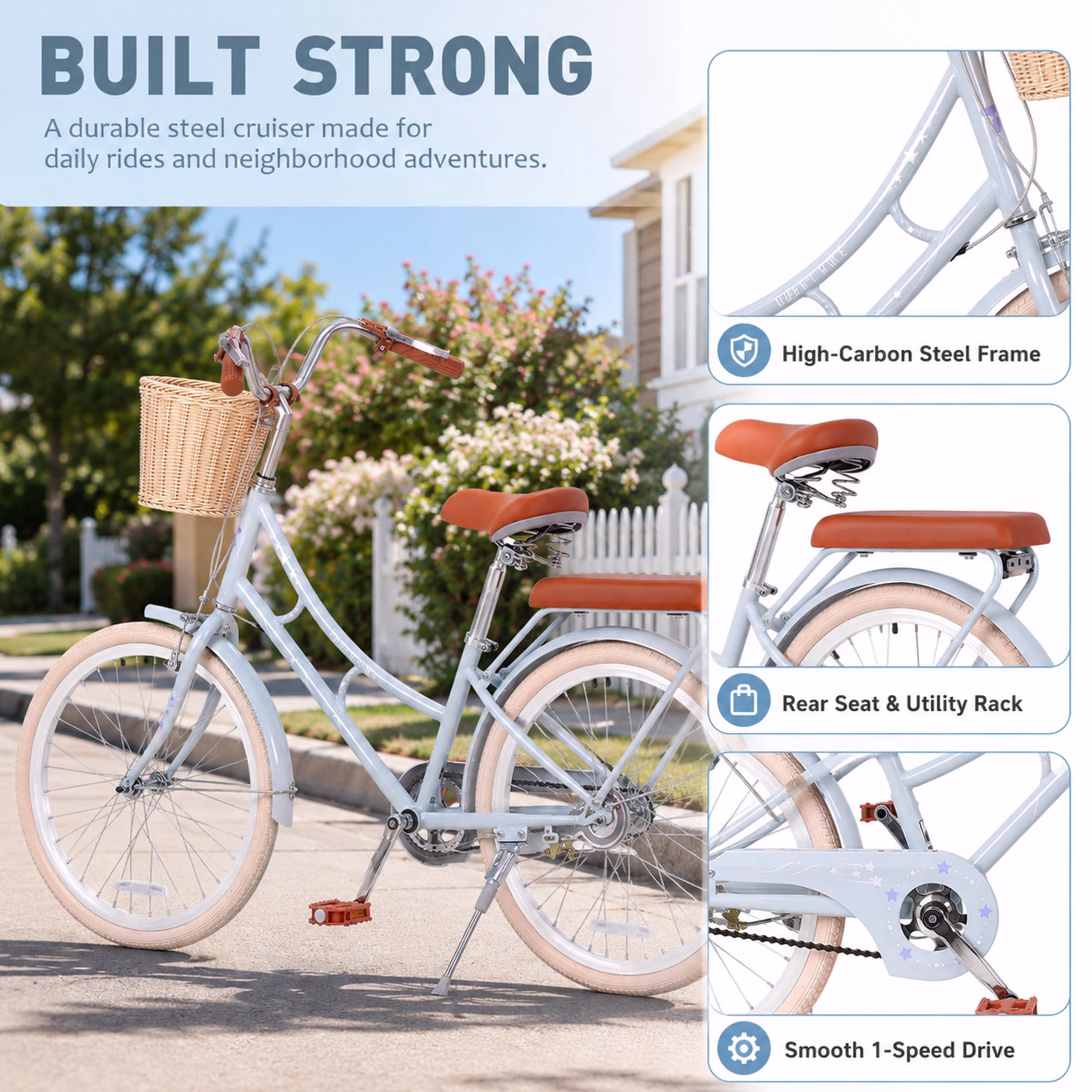 22 Inch Beach Cruiser Bike for Girls, Single Speed Commuter Bicycle with Front Basket and Rear Seat, High Carbon Steel Frame Outdoor City Bike for Kids and Teens, Blue - Image 2