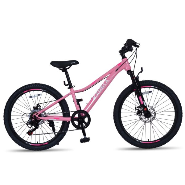 24 Inch 6-Speed Mountain Bike for Kids Boys and Girls, High-Strength Steel Frame Bicycle with Suspension Fork and Dual Disc Brakes, Adjustable Seat and All-Terrain Tires for Ages 9-12, Pink