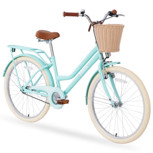 24 Inch Girls Bike for 10+ Years Old Teens, GCC Certified Kids Cruiser Bicycle with Woven Basket, Dual Brakes, Adjustable Seat, 85% Pre-Assembled