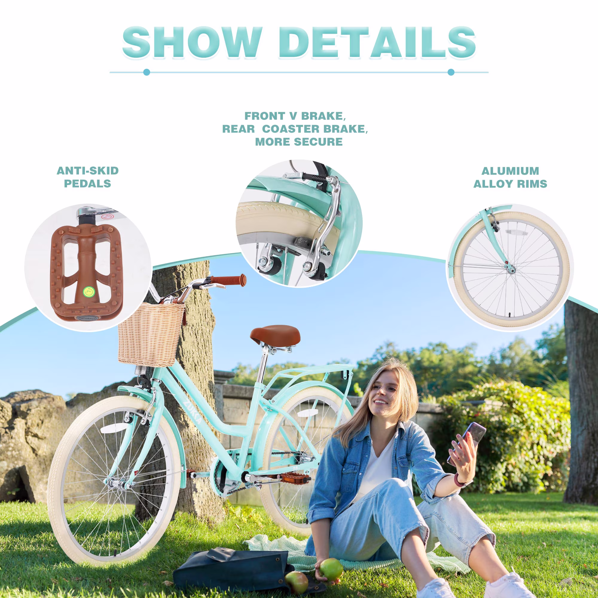 24 Inch Girls Bike for 10+ Years Old Teens, GCC Certified Kids Cruiser Bicycle with Woven Basket, Dual Brakes, Adjustable Seat, 85% Pre-Assembled - Image 4