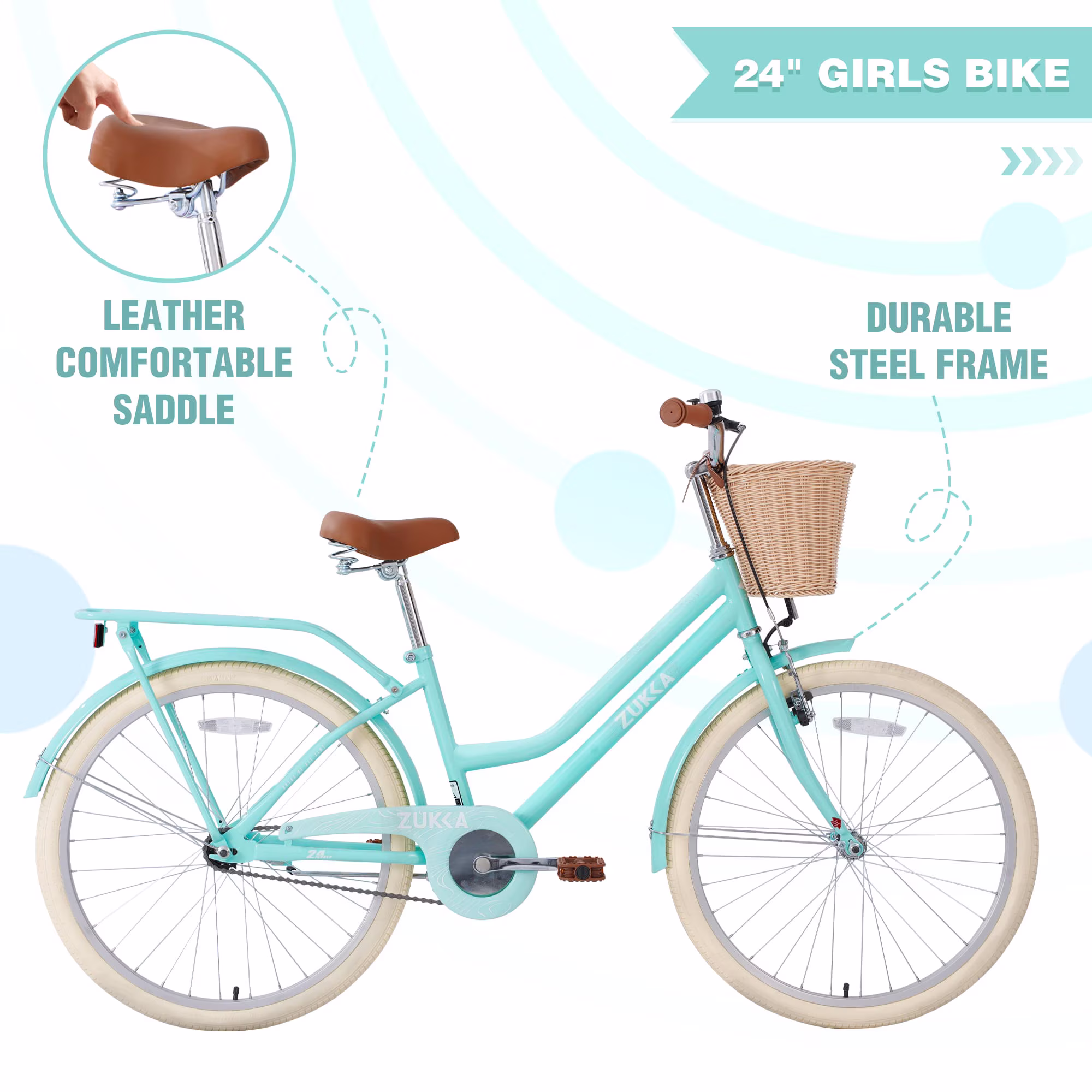 24 Inch Girls Bike for 10+ Years Old Teens, GCC Certified Kids Cruiser Bicycle with Woven Basket, Dual Brakes, Adjustable Seat, 85% Pre-Assembled - Image 5
