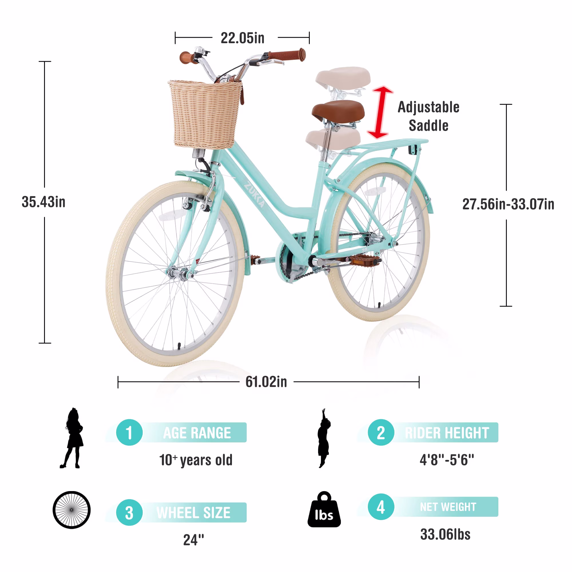 24 Inch Girls Bike for 10+ Years Old Teens, GCC Certified Kids Cruiser Bicycle with Woven Basket, Dual Brakes, Adjustable Seat, 85% Pre-Assembled - Image 2