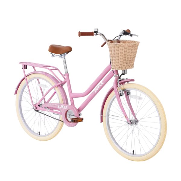 24 Inch Girls Bike with Basket and Bell, Single Speed Kids Bicycle with Steel Frame and Adjustable Seat, Light Pink Comfort Step-Through City Road Bike for Girls Ages 10 Years Old and Up