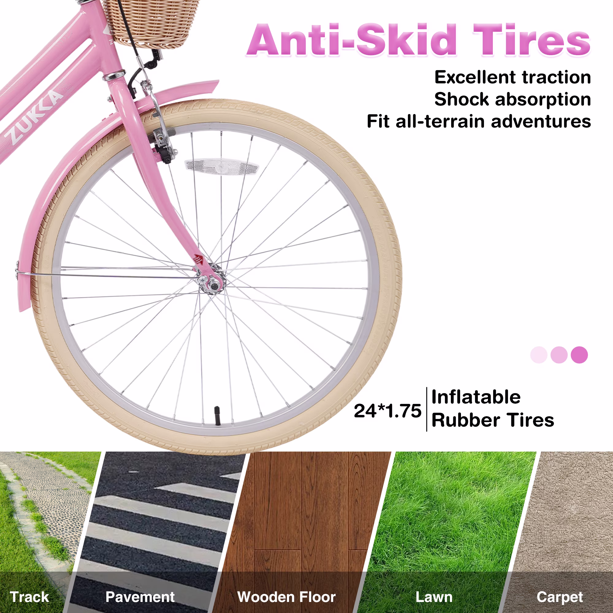 24 Inch Girls Bike with Basket and Bell, Single Speed Kids Bicycle with Steel Frame and Adjustable Seat, Light Pink Comfort Step-Through City Road Bike for Girls Ages 10 Years Old and Up - Image 3