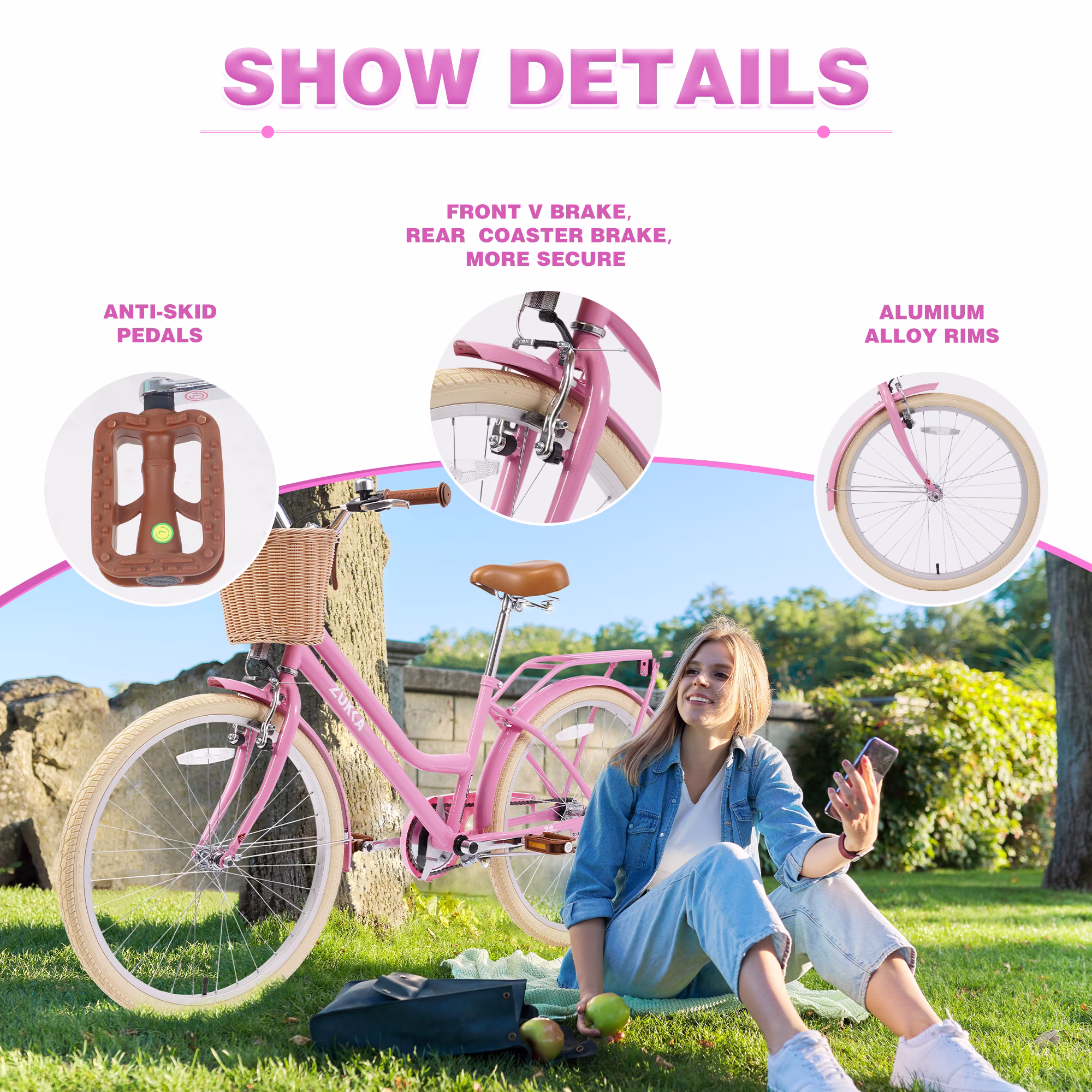 24 Inch Girls Bike with Basket and Bell, Single Speed Kids Bicycle with Steel Frame and Adjustable Seat, Light Pink Comfort Step-Through City Road Bike for Girls Ages 10 Years Old and Up - Image 4