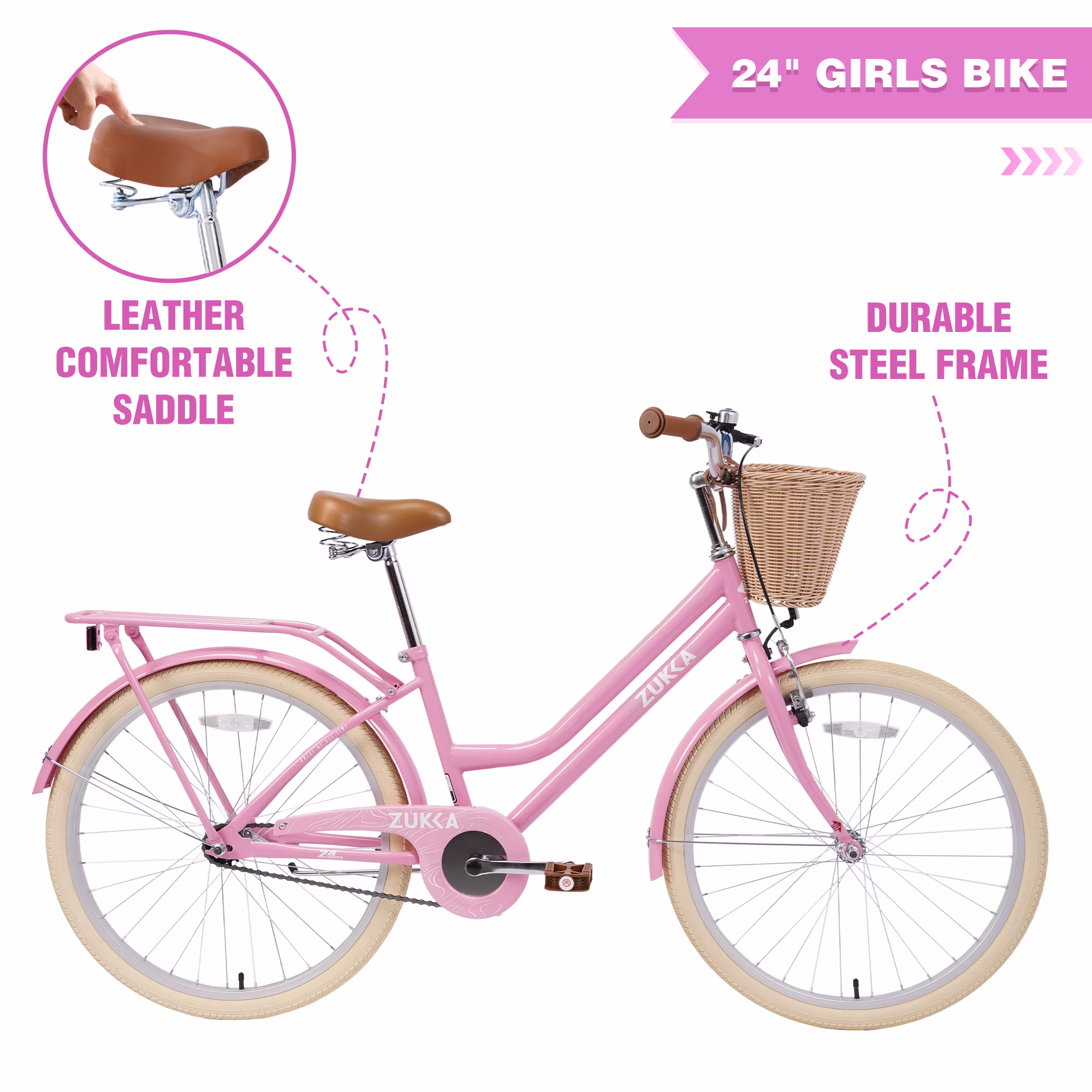 24 Inch Girls Bike with Basket and Bell, Single Speed Kids Bicycle with Steel Frame and Adjustable Seat, Light Pink Comfort Step-Through City Road Bike for Girls Ages 10 Years Old and Up - Image 2