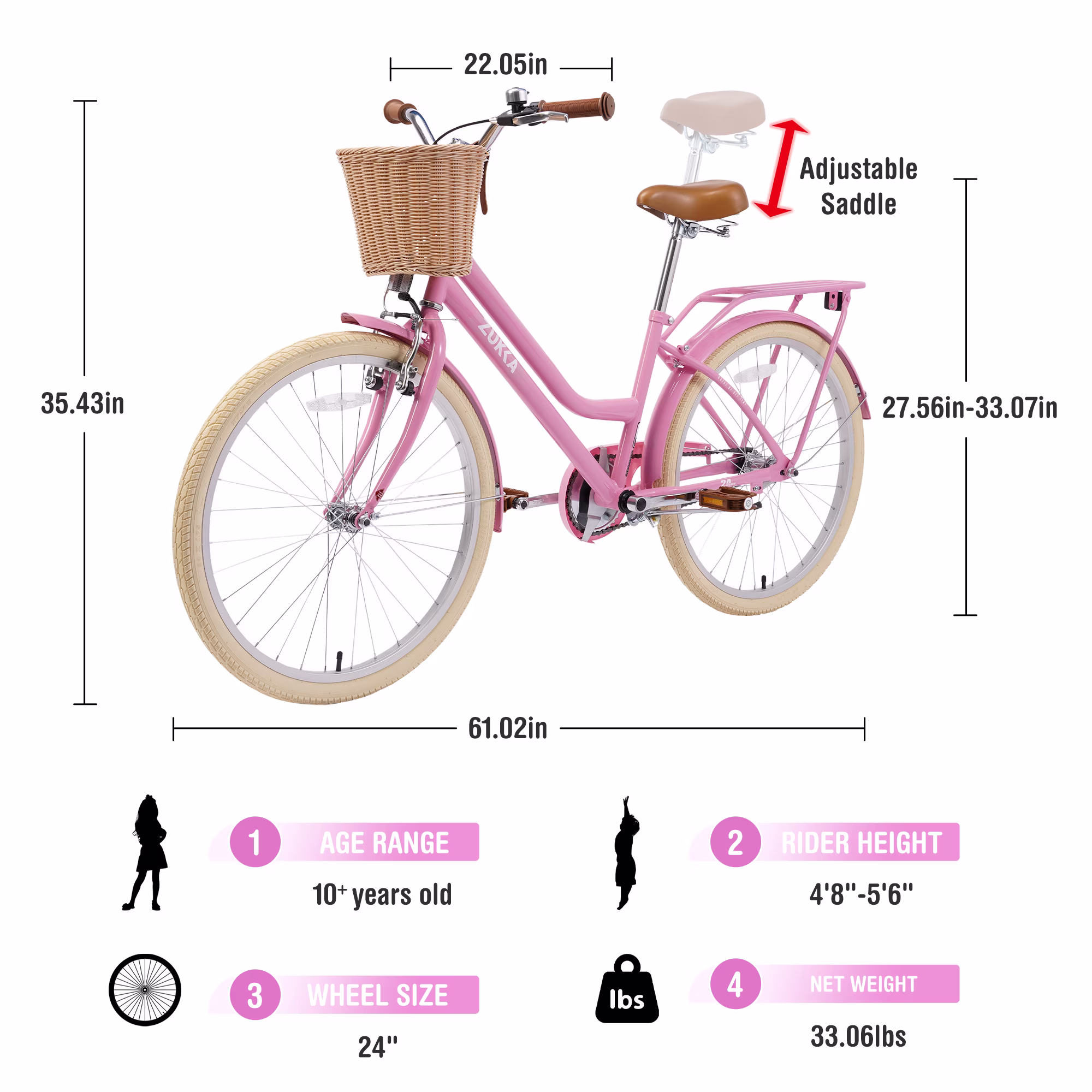 24 Inch Girls Bike with Basket and Bell, Single Speed Kids Bicycle with Steel Frame and Adjustable Seat, Light Pink Comfort Step-Through City Road Bike for Girls Ages 10 Years Old and Up - Image 5