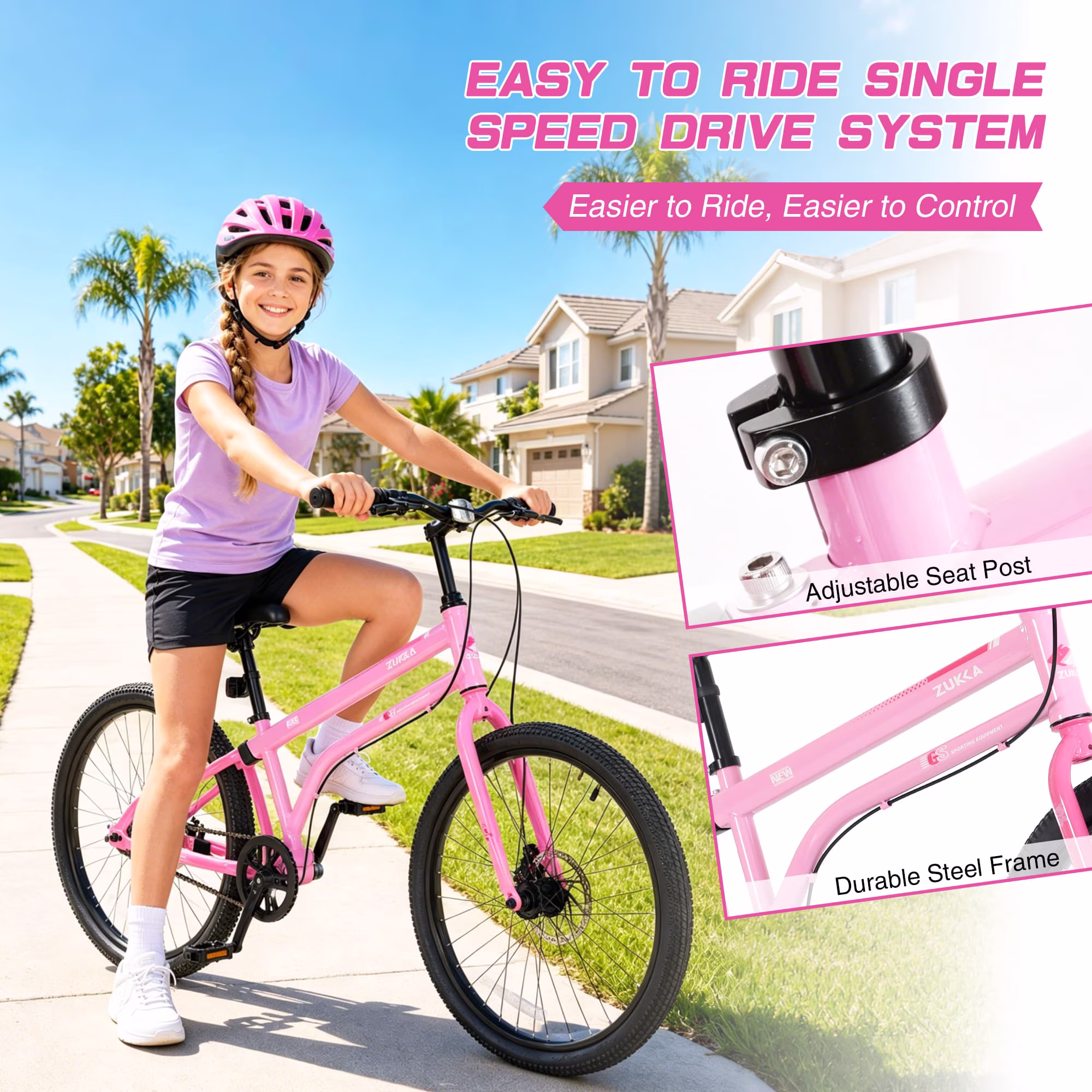 24 Inch Kids Bike for Girls & Boys Ages 10+, Single Speed Teen Bicycle with Dual Disc Brakes, Lightweight Steel Frame, Multiple Colors - Image 2