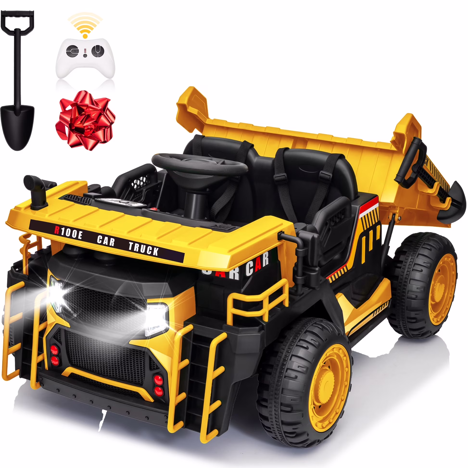 24 Volt Ride on Toys w/ Remote Control, 2*200W Strong Motor, Electric Powered Ride on Dump Truck with Shovel, 3 Speeds, LED Lights, MP3/USB Music, Yellow