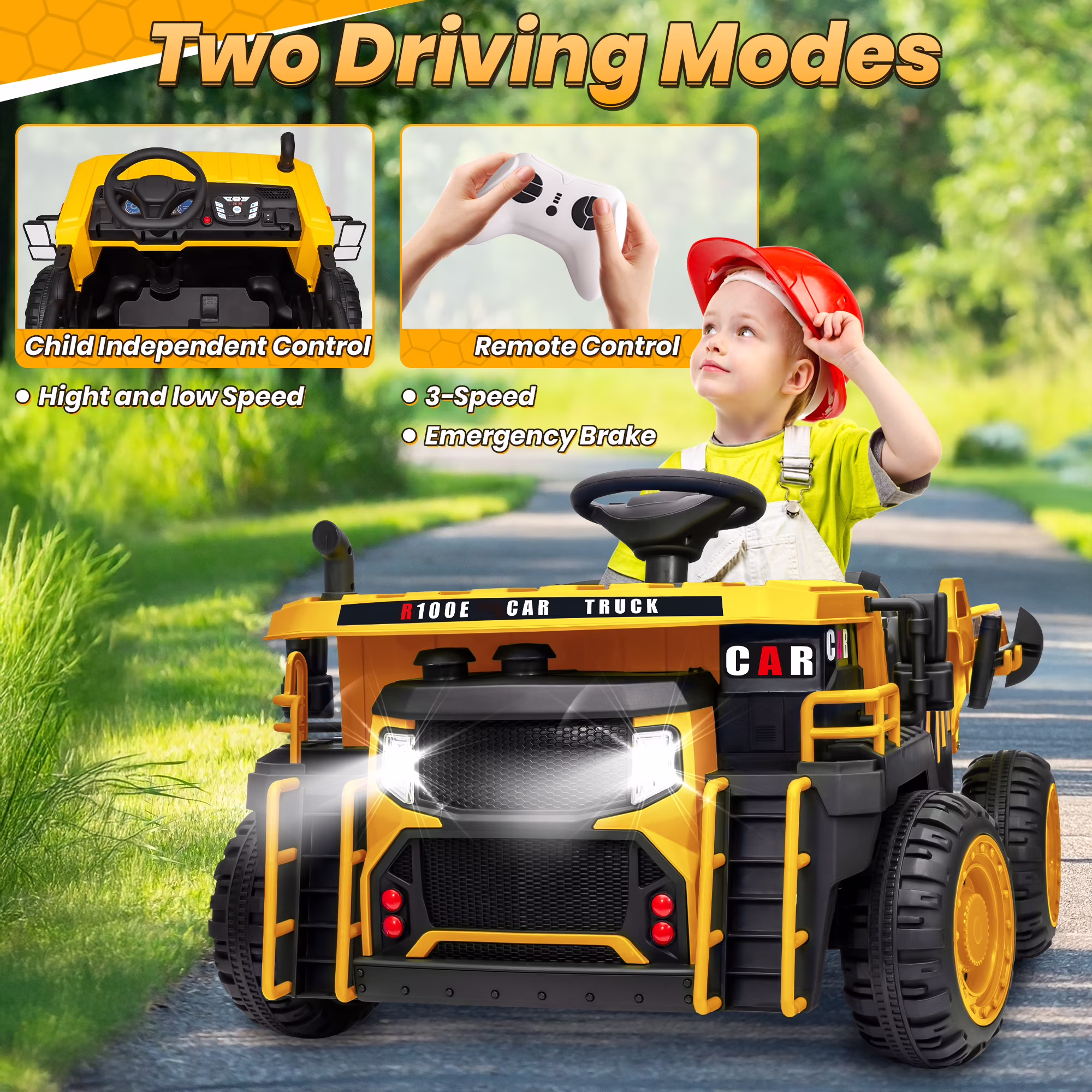 24 Volt Ride on Toys w/ Remote Control, 2*200W Strong Motor, Electric Powered Ride on Dump Truck with Shovel, 3 Speeds, LED Lights, MP3/USB Music, Yellow - Image 3