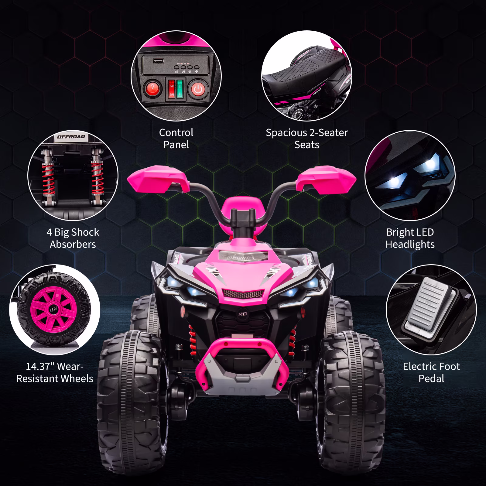 24V 2-Seater Kids Electric ATV Ride-On Toy – Dual 500W Motors, Parent Remote, wireless Audio, USB, LED Headlights, Spring Suspension, Music Player, urgent Brake, Ages 3–8, Pink - Image 5