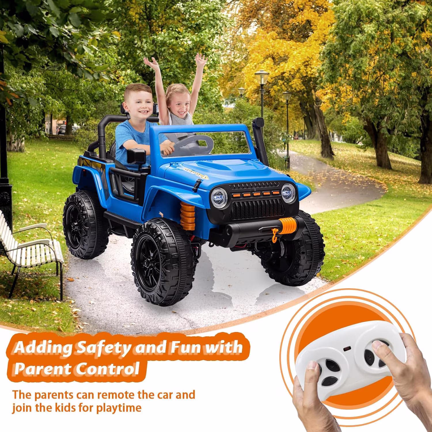 24V 2-Seater Kids Electric Ride-On Truck – 4WD, Remote Control, LED Lights, Music Player, Soft Braking, Battery Power, Suspension Wheels, Treaded Tires, Safety Belt, Blue - Image 3