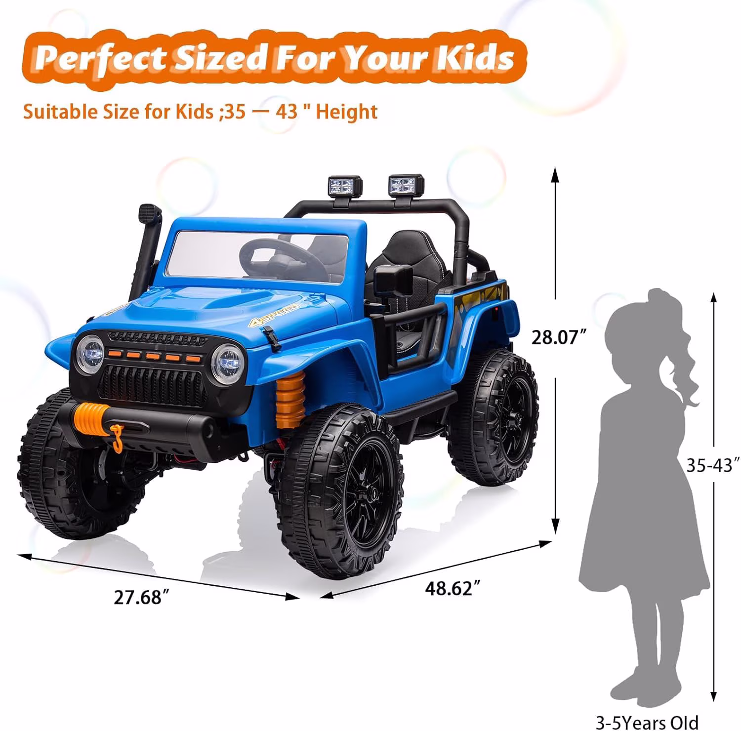 24V 2-Seater Kids Electric Ride-On Truck – 4WD, Remote Control, LED Lights, Music Player, Soft Braking, Battery Power, Suspension Wheels, Treaded Tires, Safety Belt, Blue - Image 4