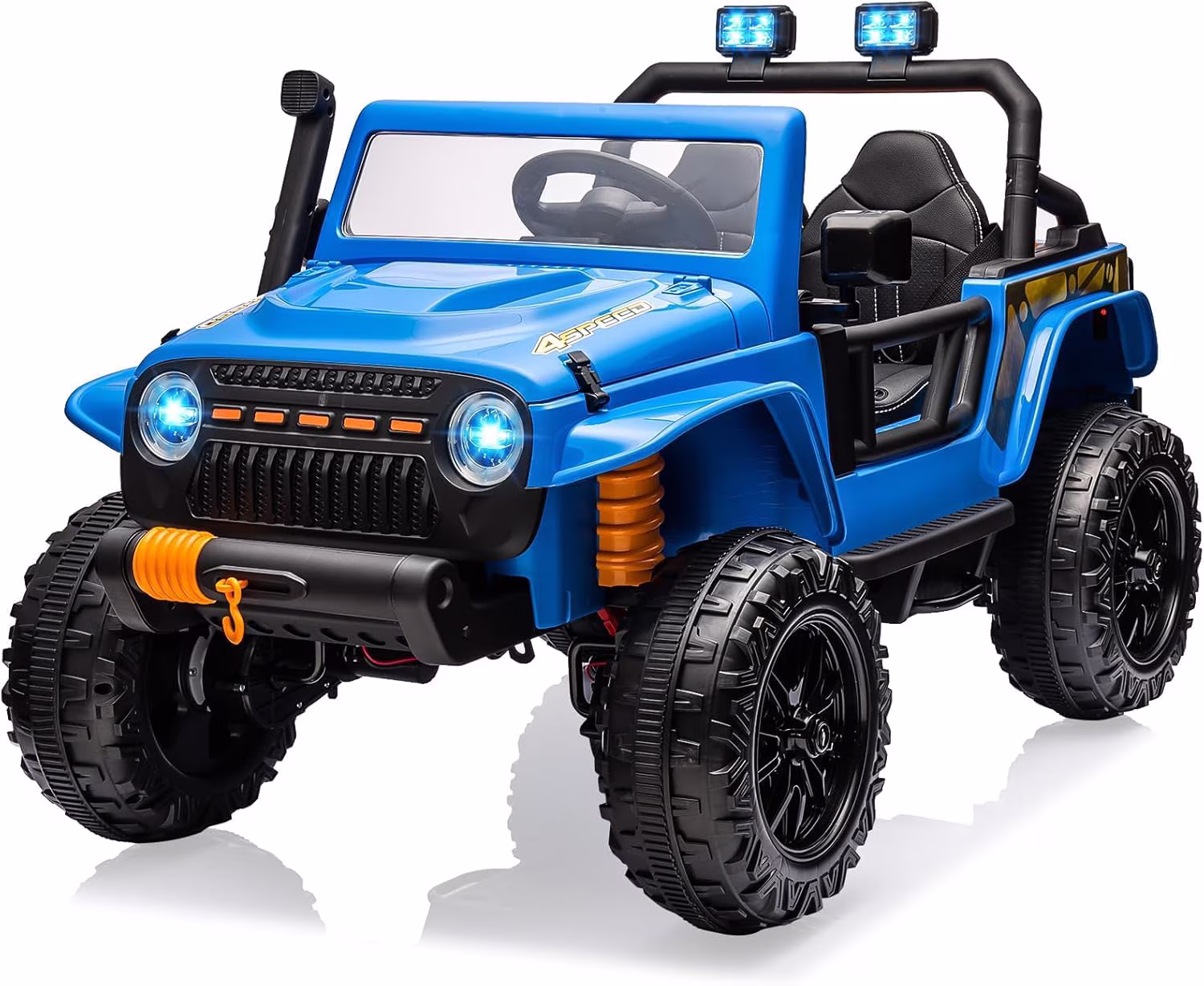 24V 2-Seater Kids Electric Ride-On Truck – 4WD, Remote Control, LED Lights, Music Player, Soft Braking, Battery Power, Suspension Wheels, Treaded Tires, Safety Belt, Blue