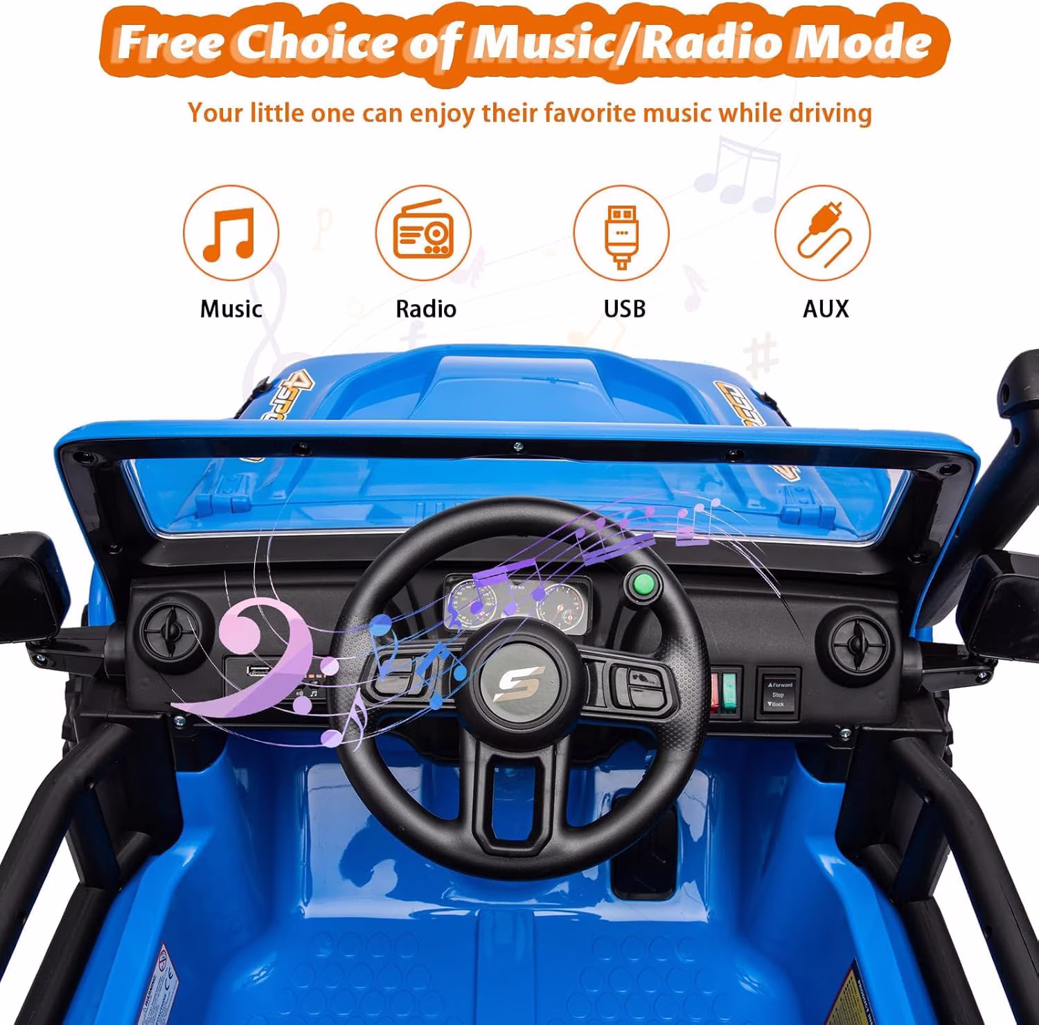 24V 2-Seater Kids Electric Ride-On Truck – 4WD, Remote Control, LED Lights, Music Player, Soft Braking, Battery Power, Suspension Wheels, Treaded Tires, Safety Belt, Blue - Image 2