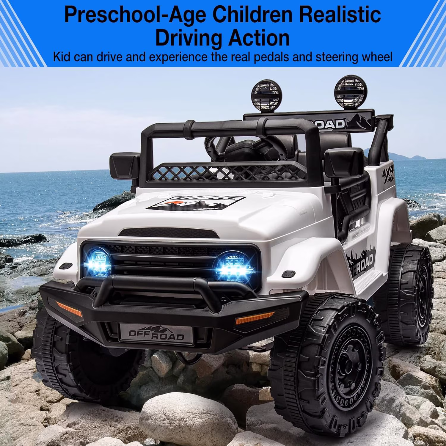 24V 2-Seater Off-Road Electric Ride-On Car, Dual Operating System, Parental Remote Control, Built-In Music & LED Lights, Sturdy Metal Frame for Outdoor Recreation,White - Image 3