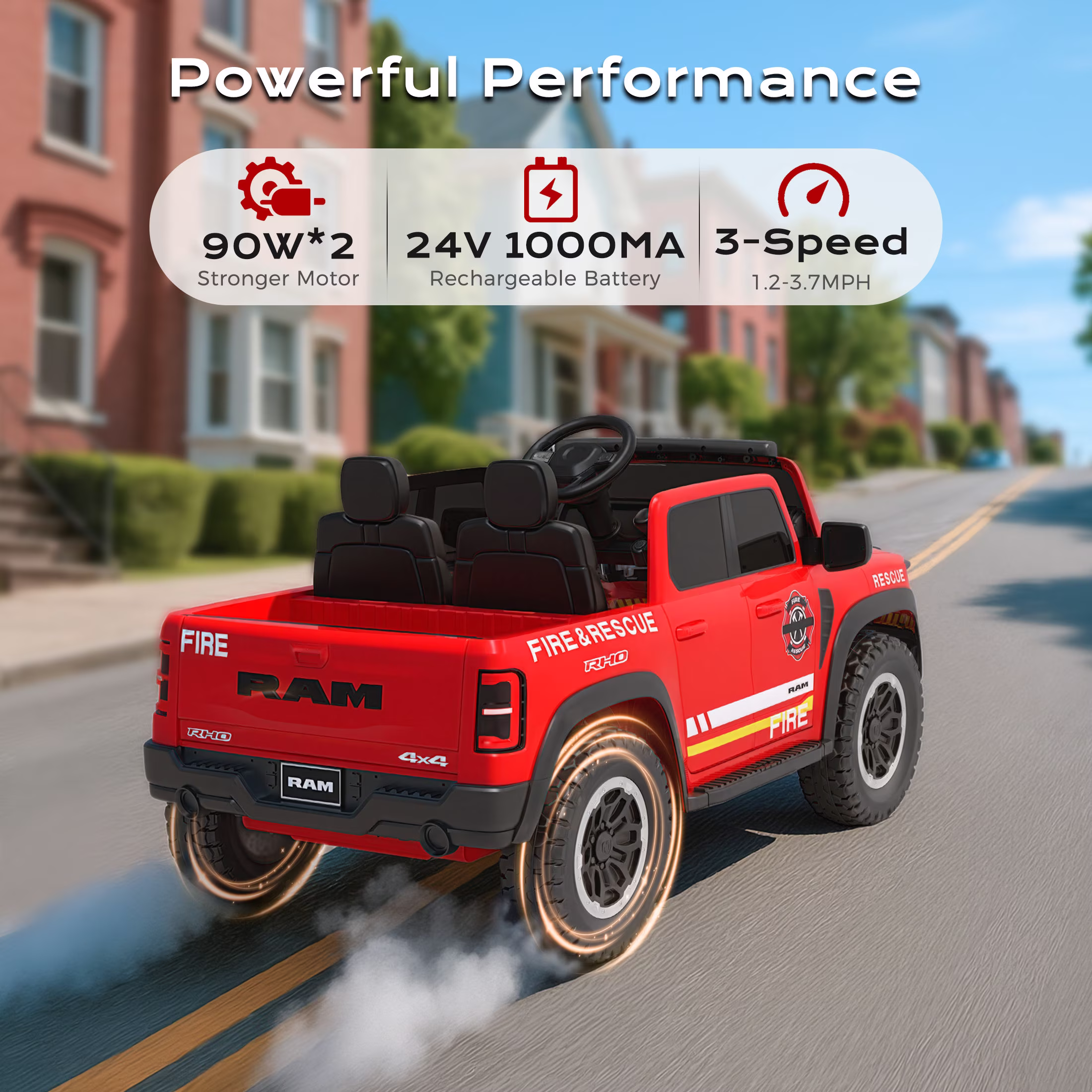 24V 2 Seater Ram 1500 RHO Fire Truck Car Ride on for Big Kids, Carros Eléctricos Para Niños with Remote Control, Ride on Fire Truck w/Siren, Flashing Lights, Bed Storage, Electric Fire Truck Red - Image 5