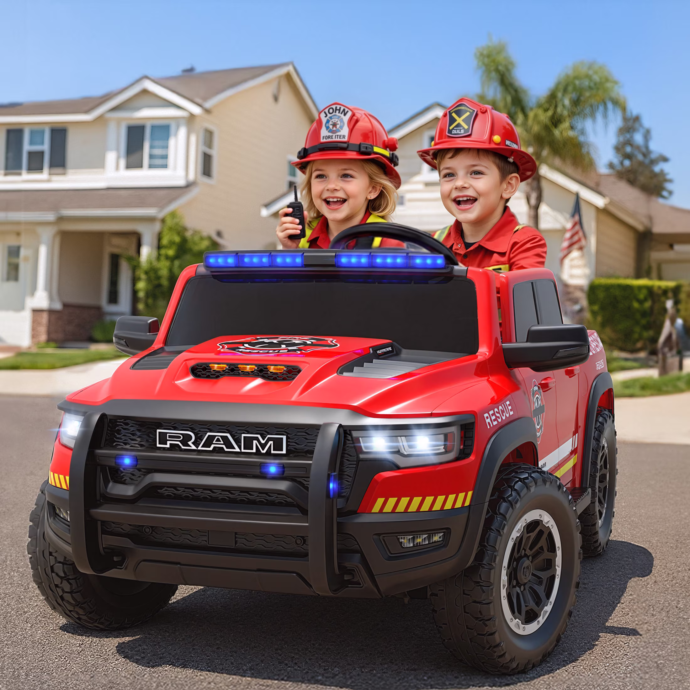 24V 2 Seater Ram 1500 RHO Fire Truck Car Ride on for Big Kids, Carros Eléctricos Para Niños with Remote Control, Ride on Fire Truck w/Siren, Flashing Lights, Bed Storage, Electric Fire Truck Red - Image 3