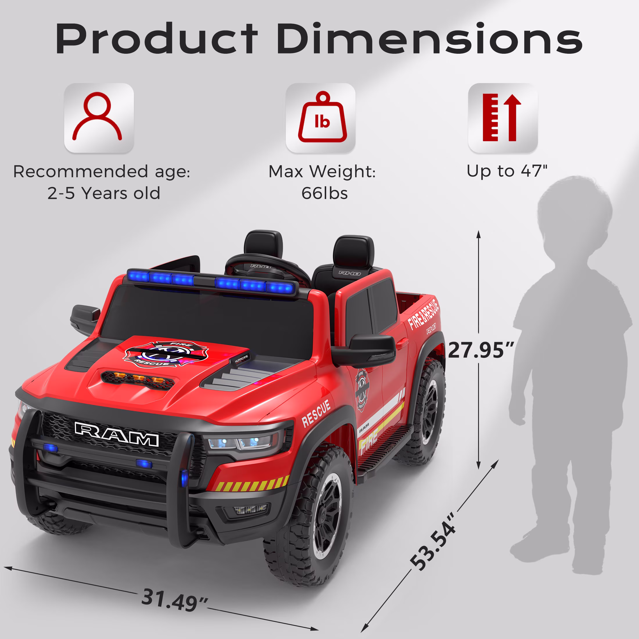 24V 2 Seater Ram 1500 RHO Fire Truck Car Ride on for Big Kids, Carros Eléctricos Para Niños with Remote Control, Ride on Fire Truck w/Siren, Flashing Lights, Bed Storage, Electric Fire Truck Red - Image 2