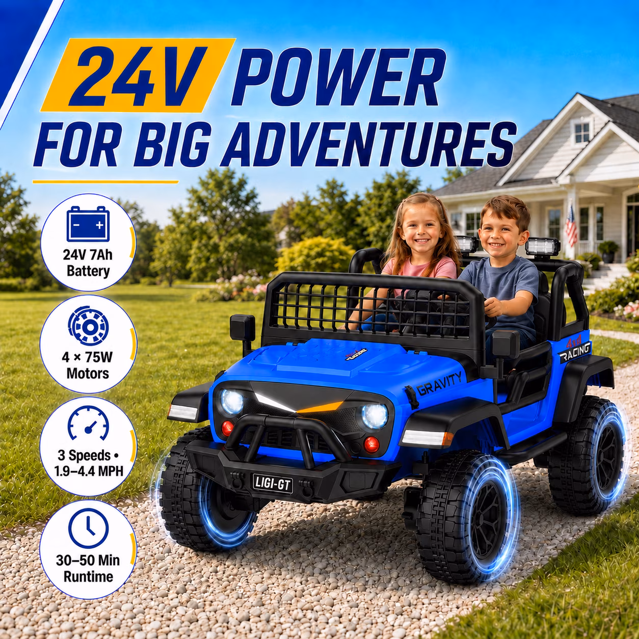 24V 2 Seater Ride On Car for Big Kids, Remote Control, Spring Suspension, LED Lights, Music & Bluetooth, 4WD Electric Vehicle for Kids Ages 3 - Image 2