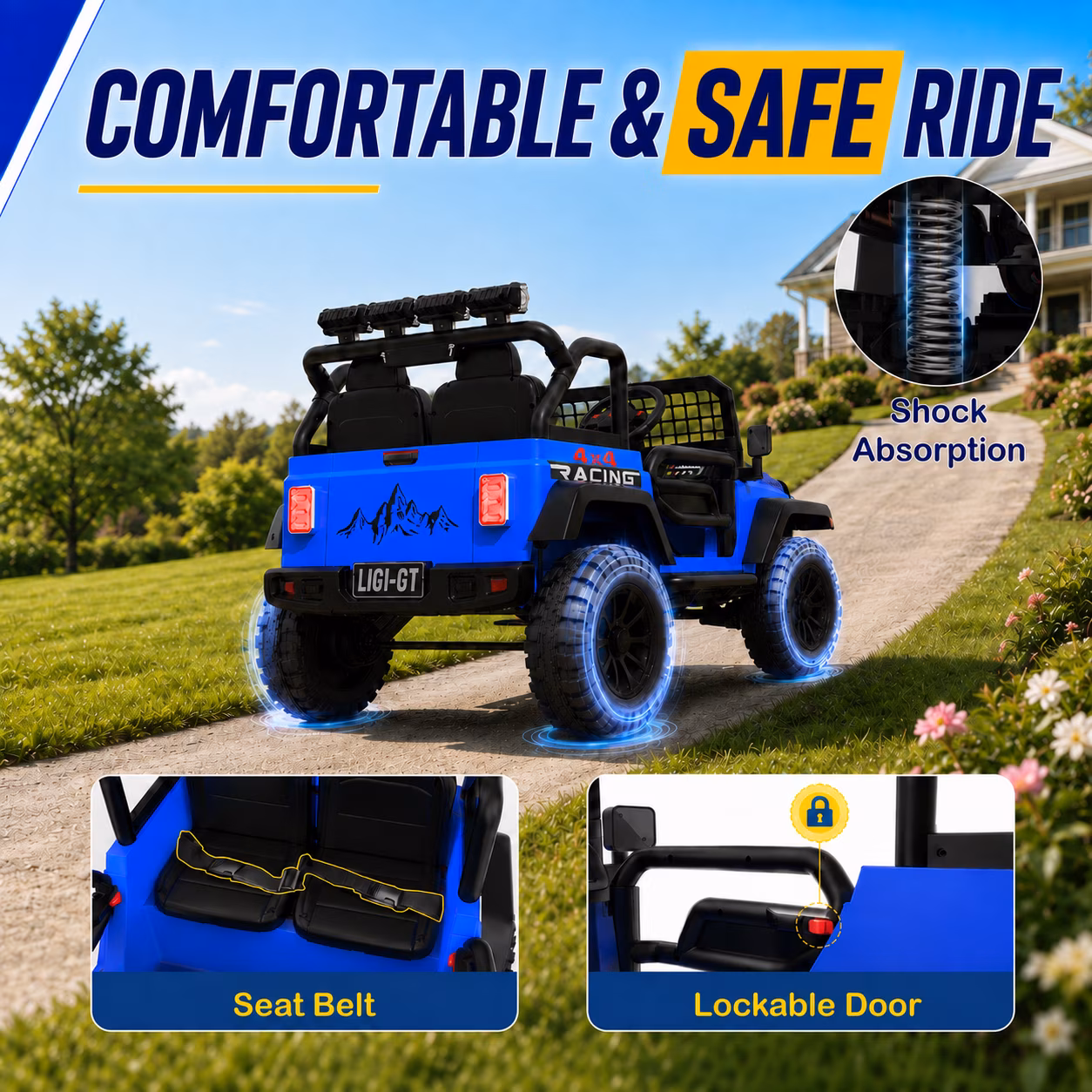 24V 2 Seater Ride On Car for Big Kids, Remote Control, Spring Suspension, LED Lights, Music & Bluetooth, 4WD Electric Vehicle for Kids Ages 3 - Image 4