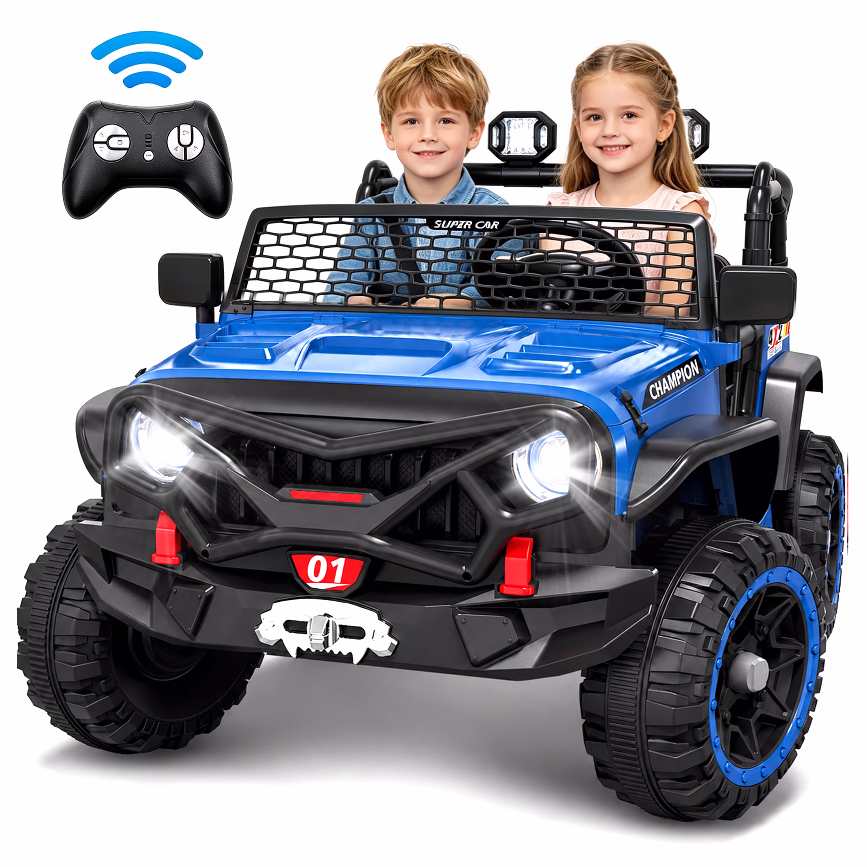 24V 2 Seater Ride on Toys for Kids, Powered Ride on Car with Remote Control, 4 Wheel Suspension, Bluetooth, Music, LED, Dual 200W Motors, Soft Start, Electric Car for Big Kids Girls Boys 3-8, Blue