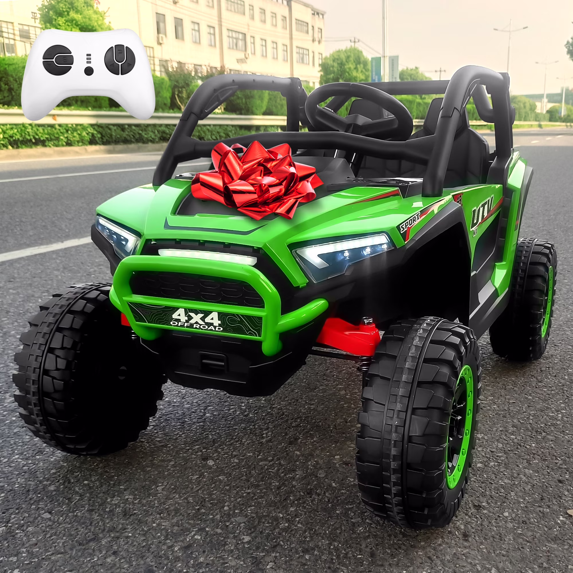 24V 2 Seater Ride on Toys UTV for Kids w/Parent Remote Control, 4WD 7AH Kids Battery Powered Vehicles, Bluetooth Spring Suspension, Storage for Gift, Green