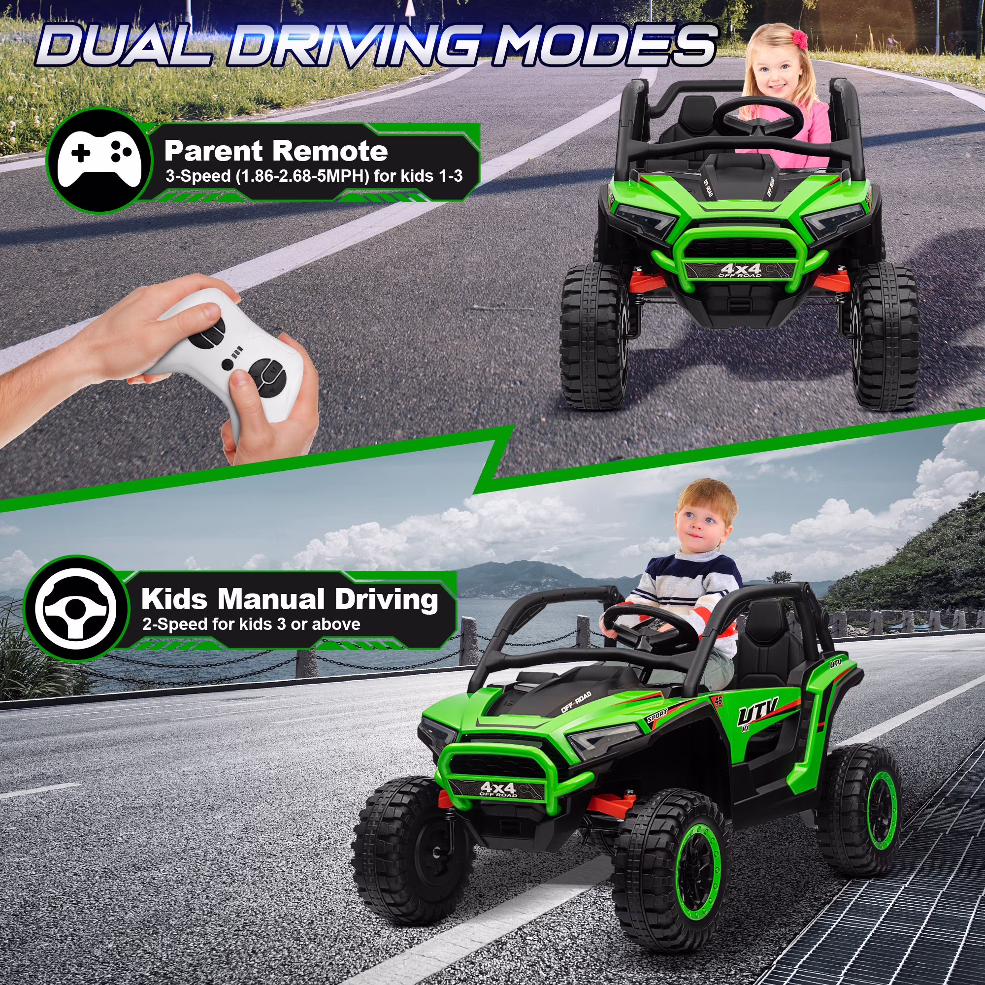 24V 2 Seater Ride on Toys UTV for Kids w/Parent Remote Control, 4WD 7AH Kids Battery Powered Vehicles, Bluetooth Spring Suspension, Storage for Gift, Green - Image 2