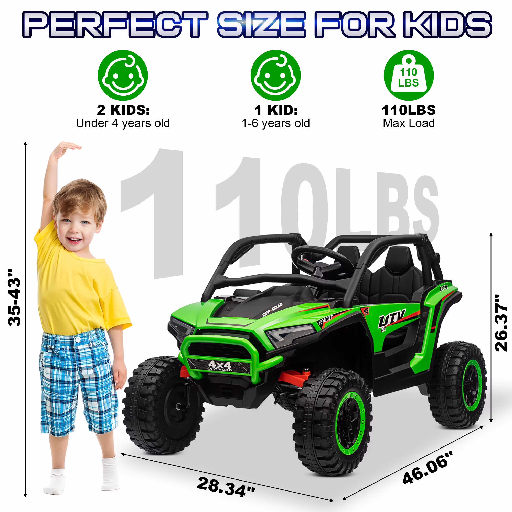 24V 2 Seater Ride on Toys UTV for Kids w/Parent Remote Control, 4WD 7AH Kids Battery Powered Vehicles, Bluetooth Spring Suspension, Storage for Gift, Green - Image 4
