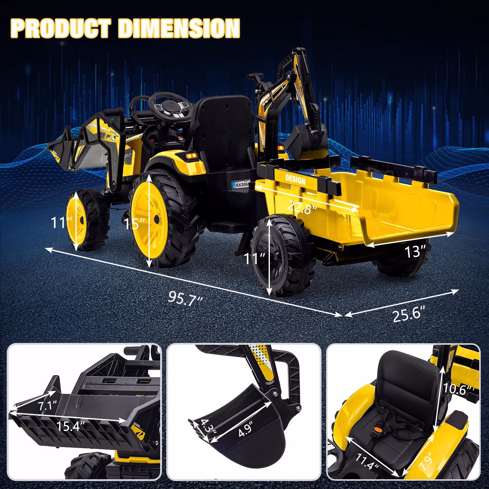 24V 3-in-1 Ride on Tractor Car, Excavator & Bulldozer with Remote Control, Ride-On Car Toys with 3 Speed, LED Lights, Music - Image 2