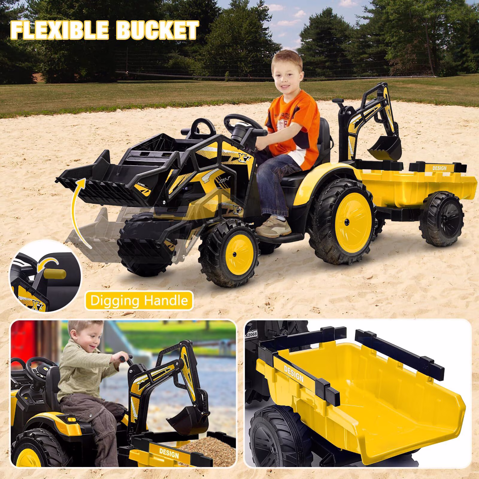 24V 3-in-1 Ride on Tractor Car, Excavator & Bulldozer with Remote Control, Ride-On Car Toys with 3 Speed, LED Lights, Music - Image 3