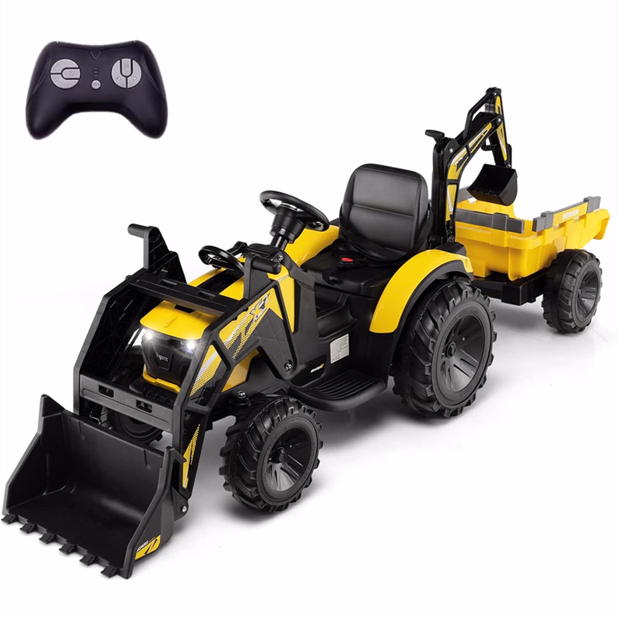 24V 3-in-1 Ride on Tractor Car, Excavator & Bulldozer with Remote Control, Ride-On Car Toys with 3 Speed, LED Lights, Music