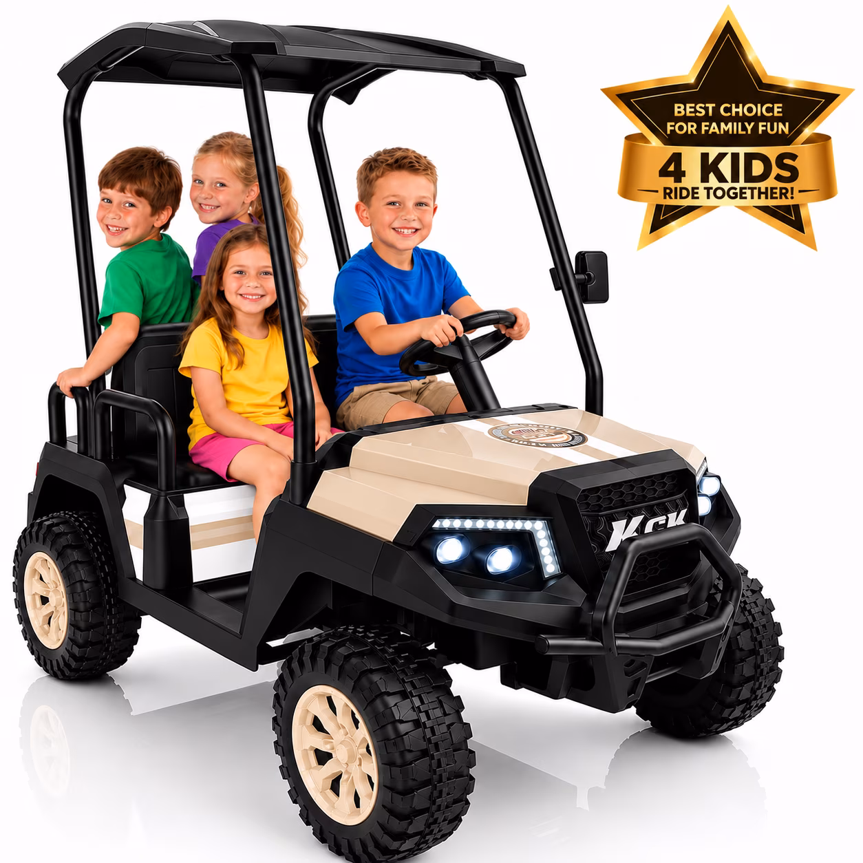24V 4-Seater Kids Electric Golf Cart, 4WD Ride-On Car with Remote Control,Bluetooth Music& Detachable Canopy, Brown