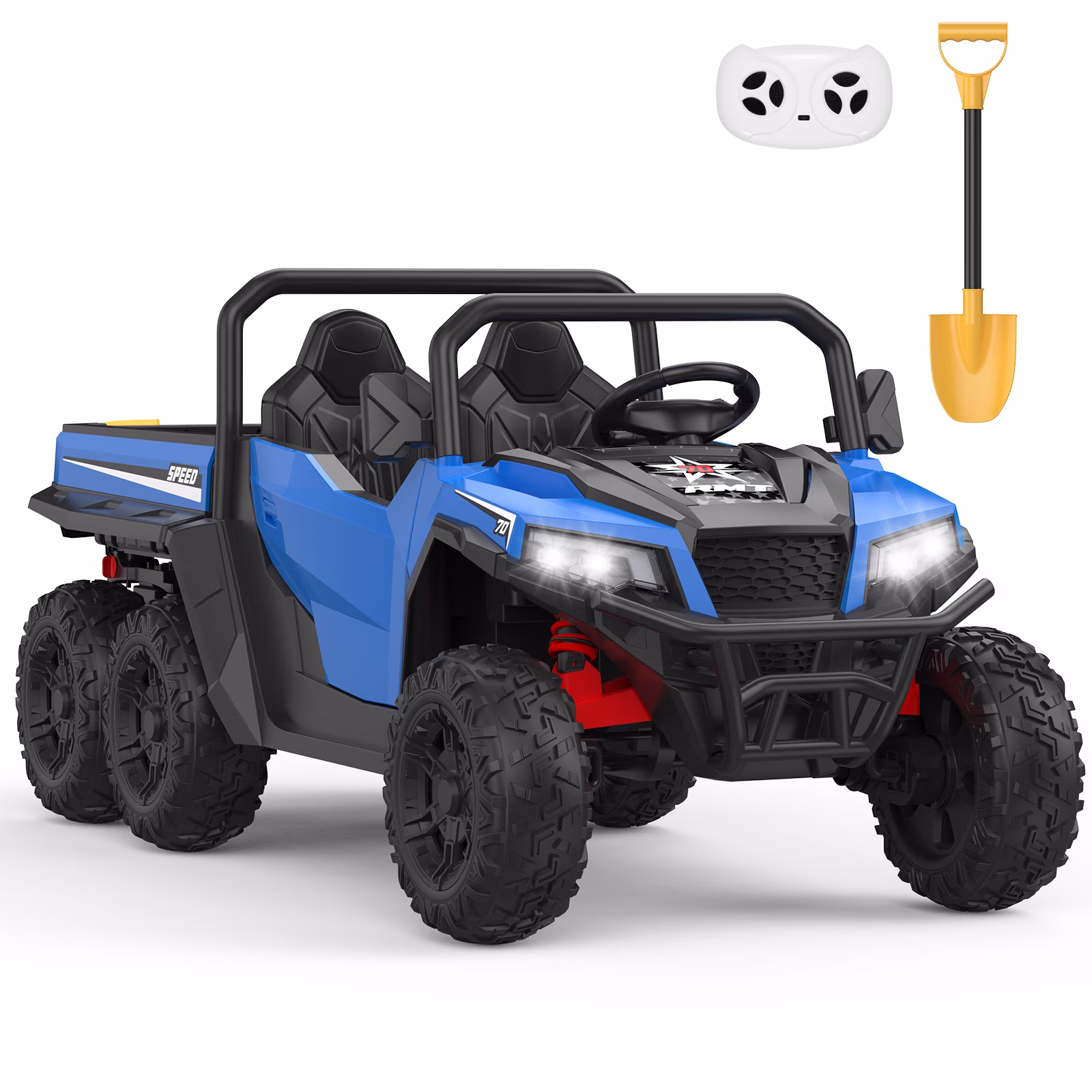 24V 4WD 6-Wheel Ride-On Dump Truck for Kids 3+ – 2-Seater, Remote Control, Electric Dump Bed, Interactive Shovel, LED Lights, Music, Key Start – Blue