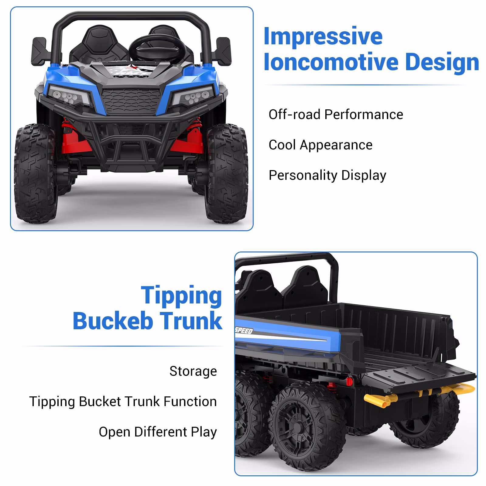 24V 4WD 6-Wheel Ride-On Dump Truck for Kids 3+ – 2-Seater, Remote Control, Electric Dump Bed, Interactive Shovel, LED Lights, Music, Key Start – Blue - Image 3