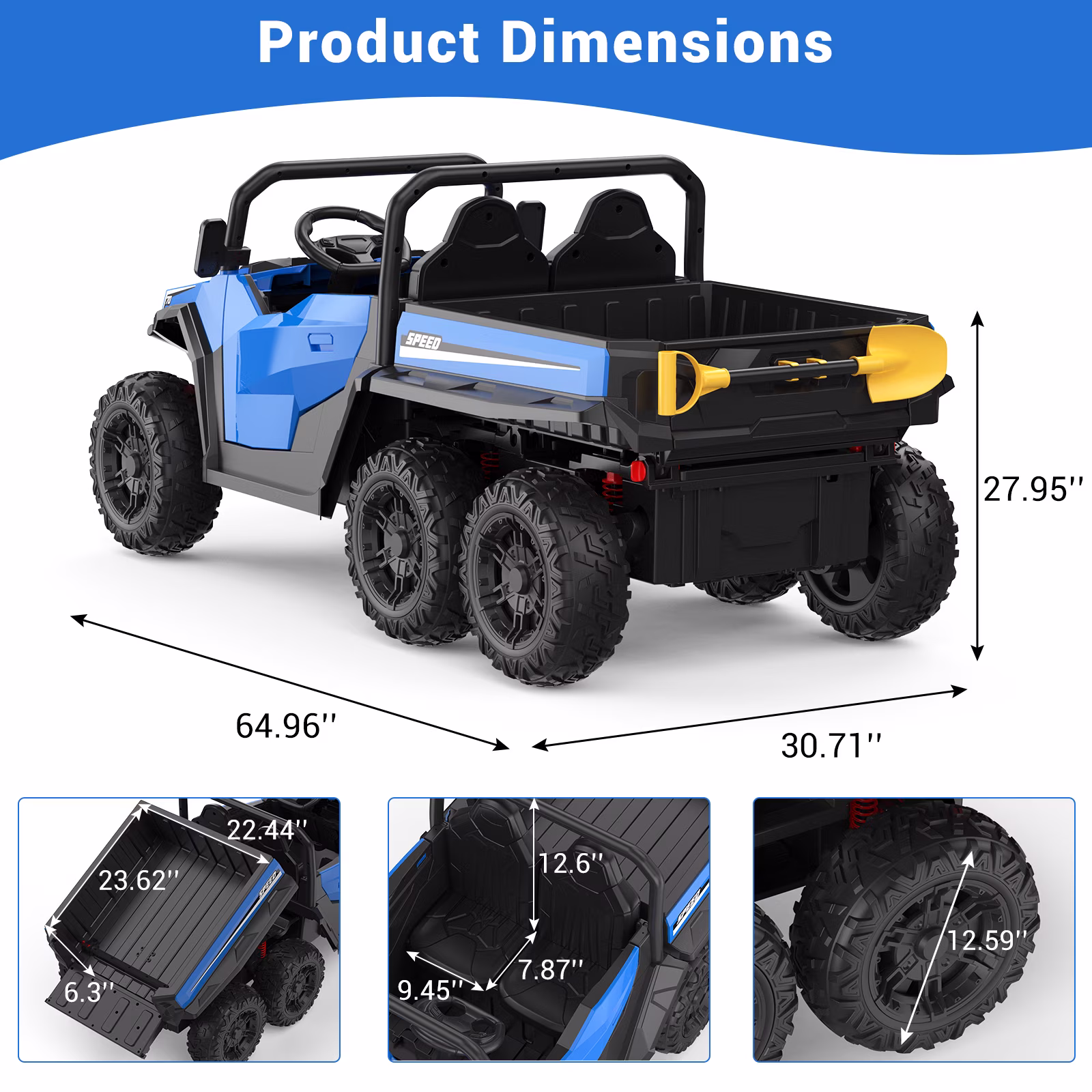 24V 4WD 6-Wheel Ride-On Dump Truck for Kids 3+ – 2-Seater, Remote Control, Electric Dump Bed, Interactive Shovel, LED Lights, Music, Key Start – Blue - Image 2