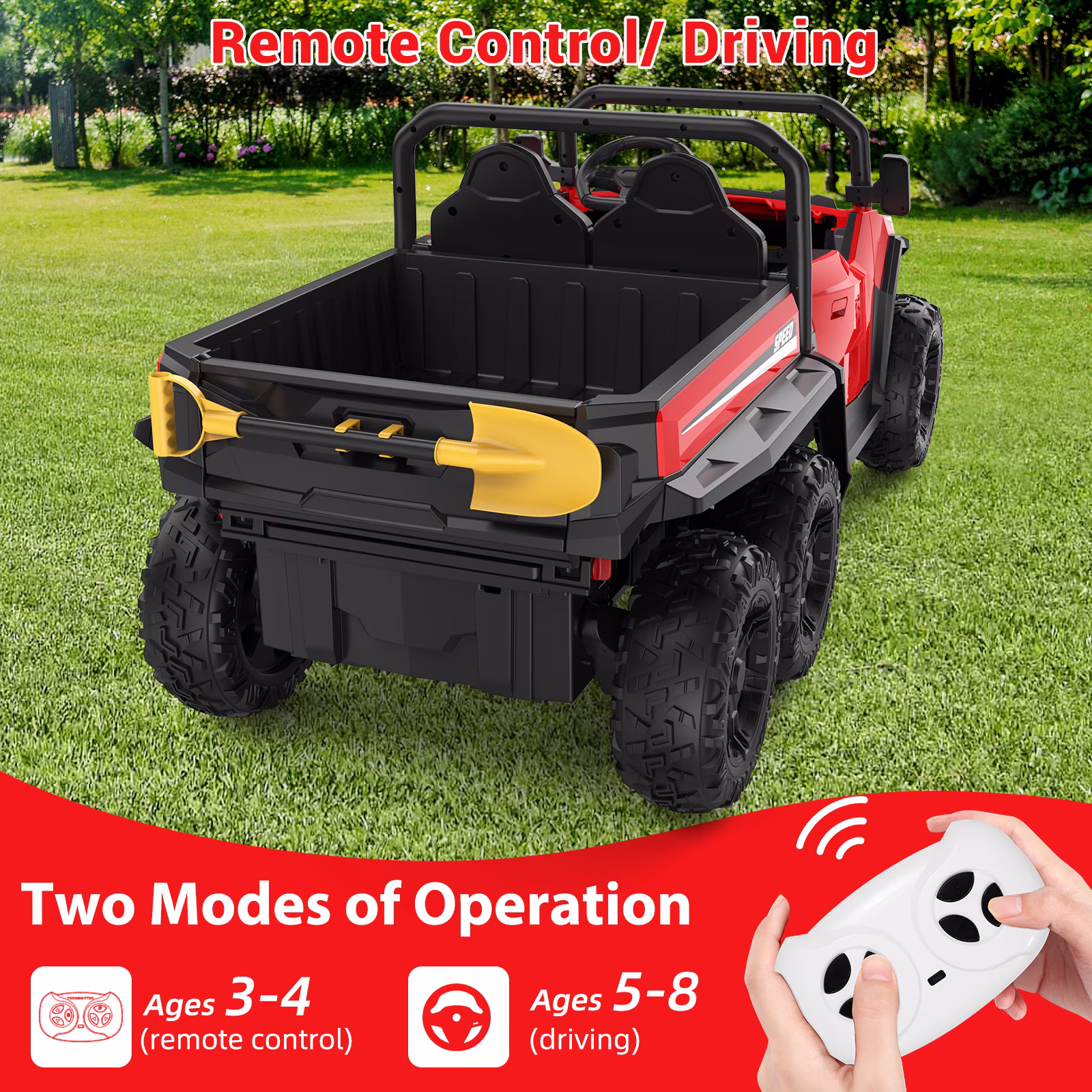 24V 4WD Kids Ride On Dump Truck with Remote Control, 2-Seater Electric Ride On Car with Motorized Dump Bed, Detachable Shovel, Bluetooth Music & LED Lights, All Terrain Toy Vehicle, Ideal Gift for 3+ - Image 2