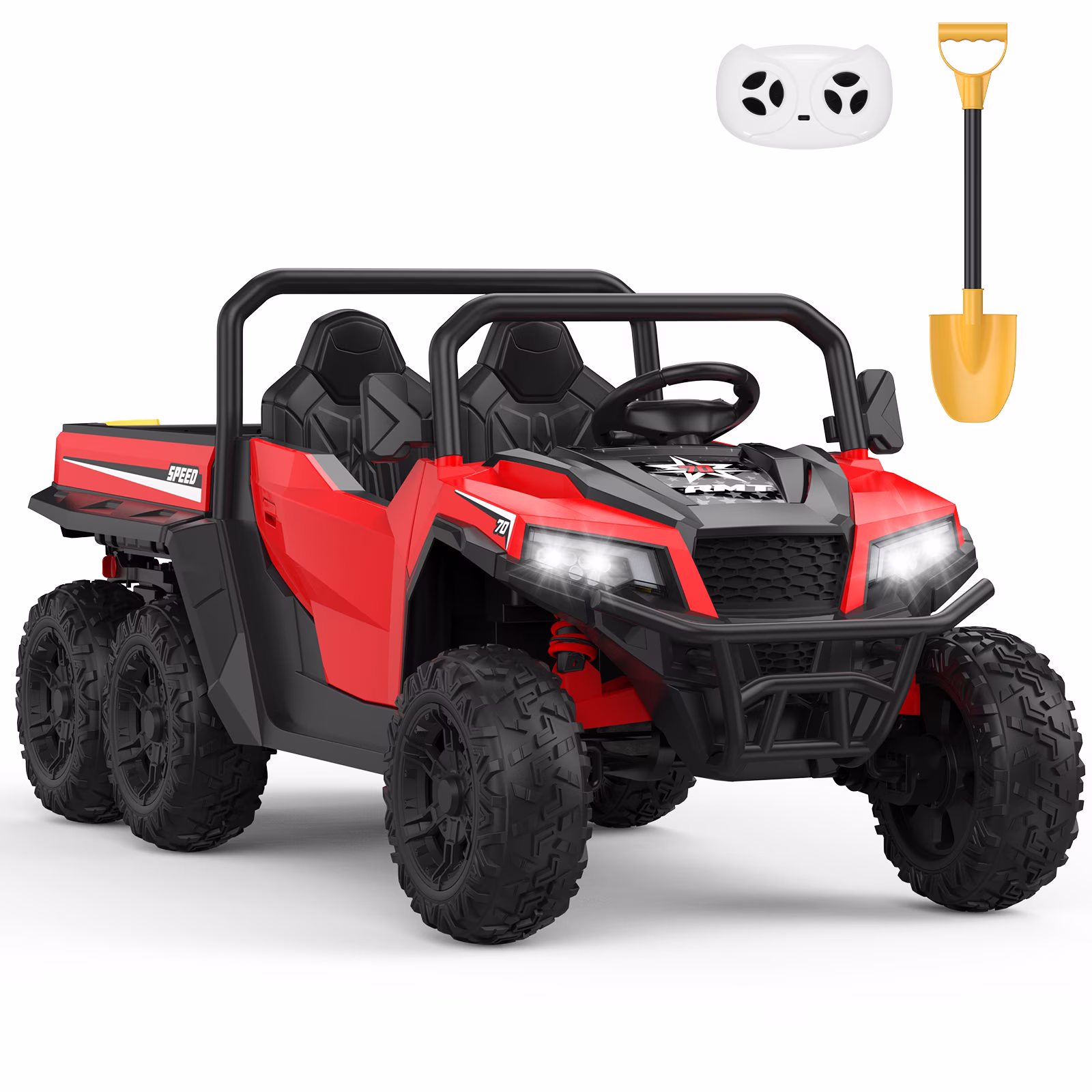 24V 4WD Kids Ride On Dump Truck with Remote Control, 2-Seater Electric Ride On Car with Motorized Dump Bed, Detachable Shovel, Bluetooth Music & LED Lights, All Terrain Toy Vehicle, Ideal Gift for 3+