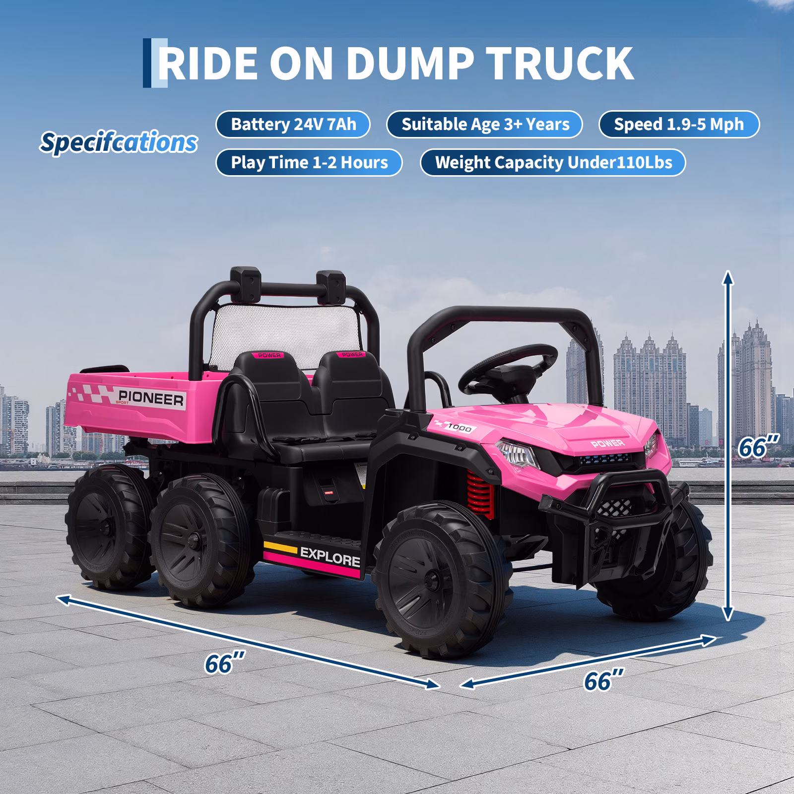 24V 4WD Kids Ride-On Dump Truck with Remote Control, Electric Dump Bed, 3 Speeds, Music, LED Lights, 2-Seater - Image 4