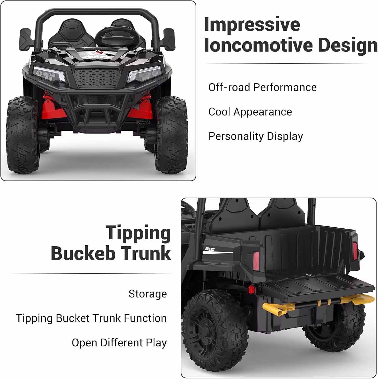 24V 4WD Ride-On Dump Truck for teens, 2-Seater ATV with Remote Control, Electric Dump Bed, Wireless Music, LED Lights, Key Start, Shovel, Up to 5MPH,Black - Image 5