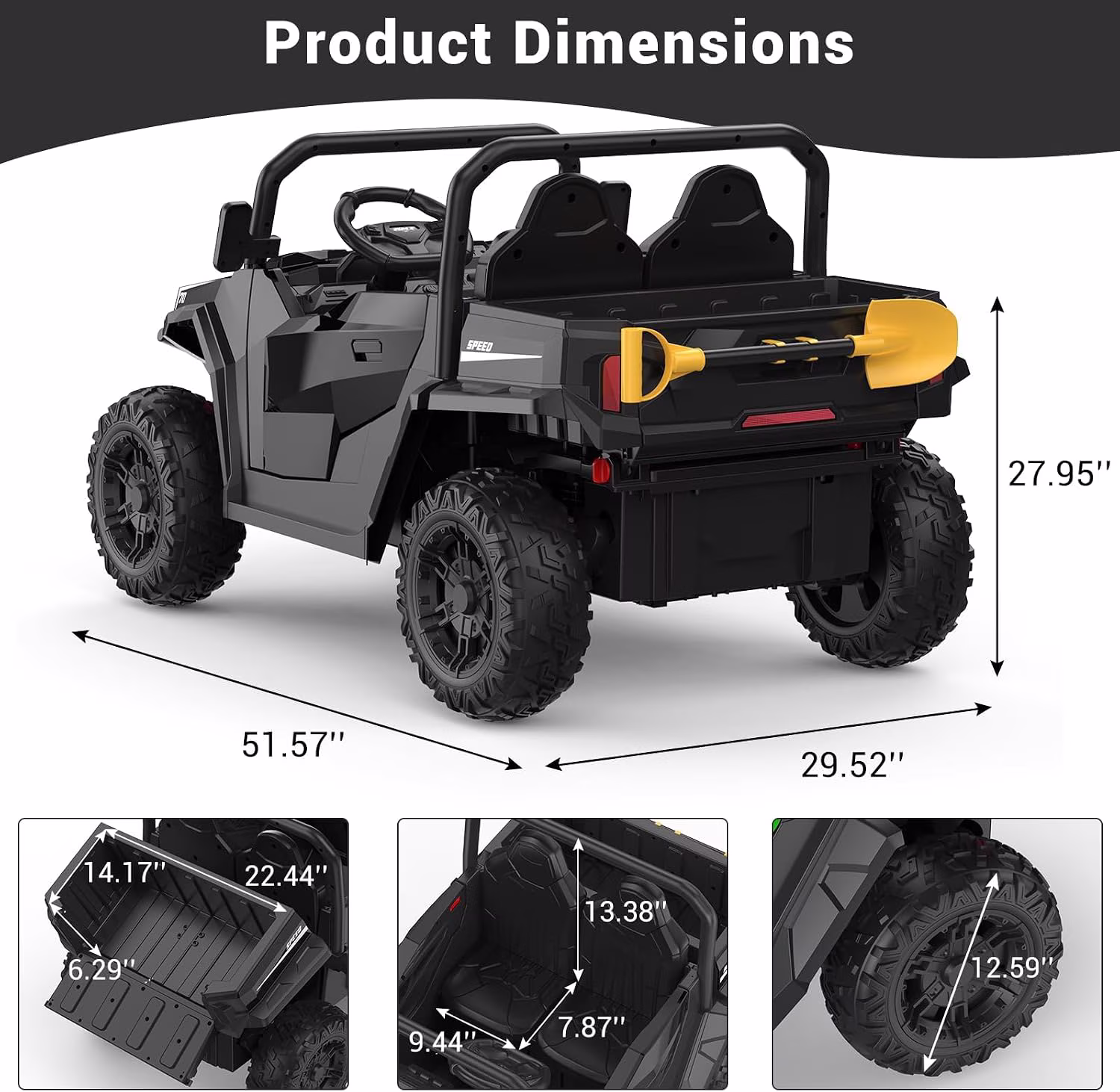 24V 4WD Ride-On Dump Truck for teens, 2-Seater ATV with Remote Control, Electric Dump Bed, Wireless Music, LED Lights, Key Start, Shovel, Up to 5MPH,Black - Image 4