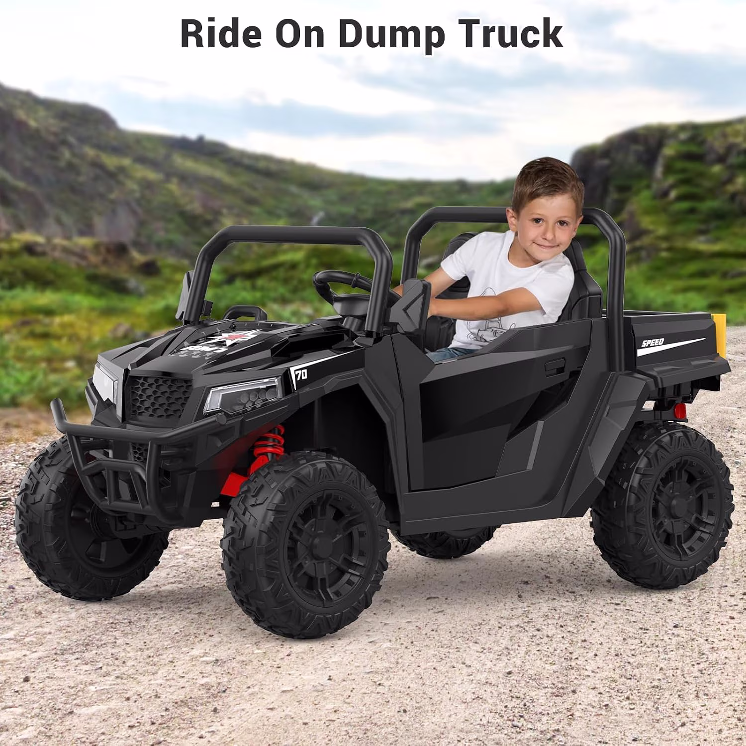 24V 4WD Ride-On Dump Truck for teens, 2-Seater ATV with Remote Control, Electric Dump Bed, Wireless Music, LED Lights, Key Start, Shovel, Up to 5MPH,Black - Image 3
