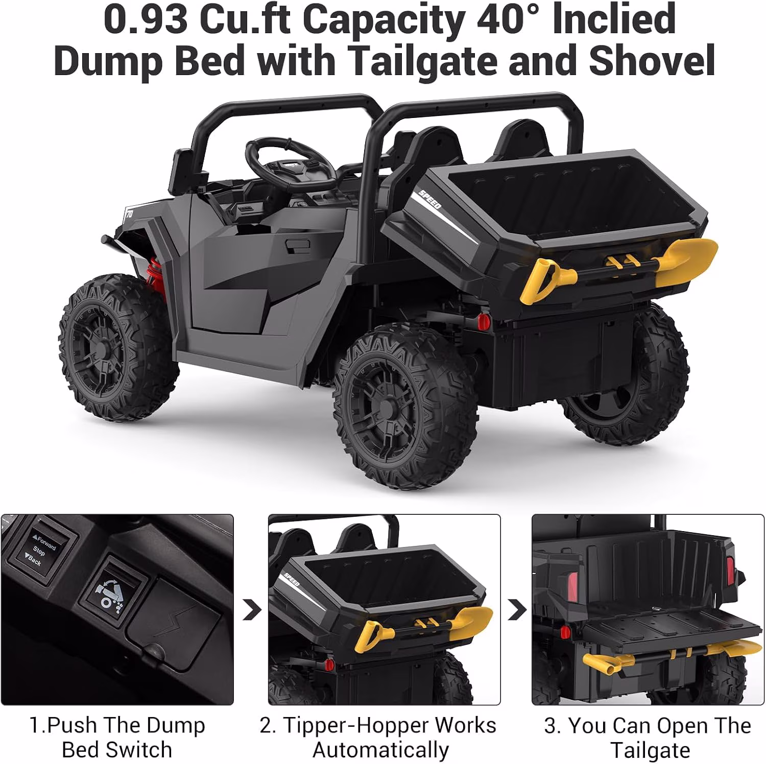 24V 4WD Ride-On Dump Truck for teens, 2-Seater ATV with Remote Control, Electric Dump Bed, Wireless Music, LED Lights, Key Start, Shovel, Up to 5MPH,Black - Image 2